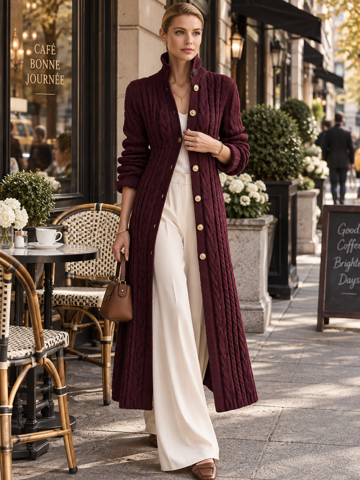 Burgundy Cable‑Knit Stand‑Collar Gold‑Button Maxi Cardigan