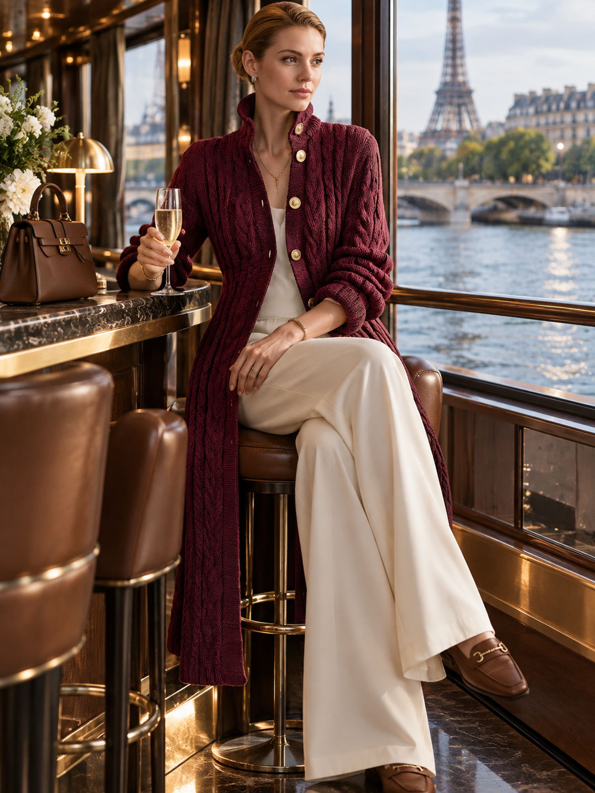 Burgundy Cable‑Knit Stand‑Collar Gold‑Button Maxi Cardigan