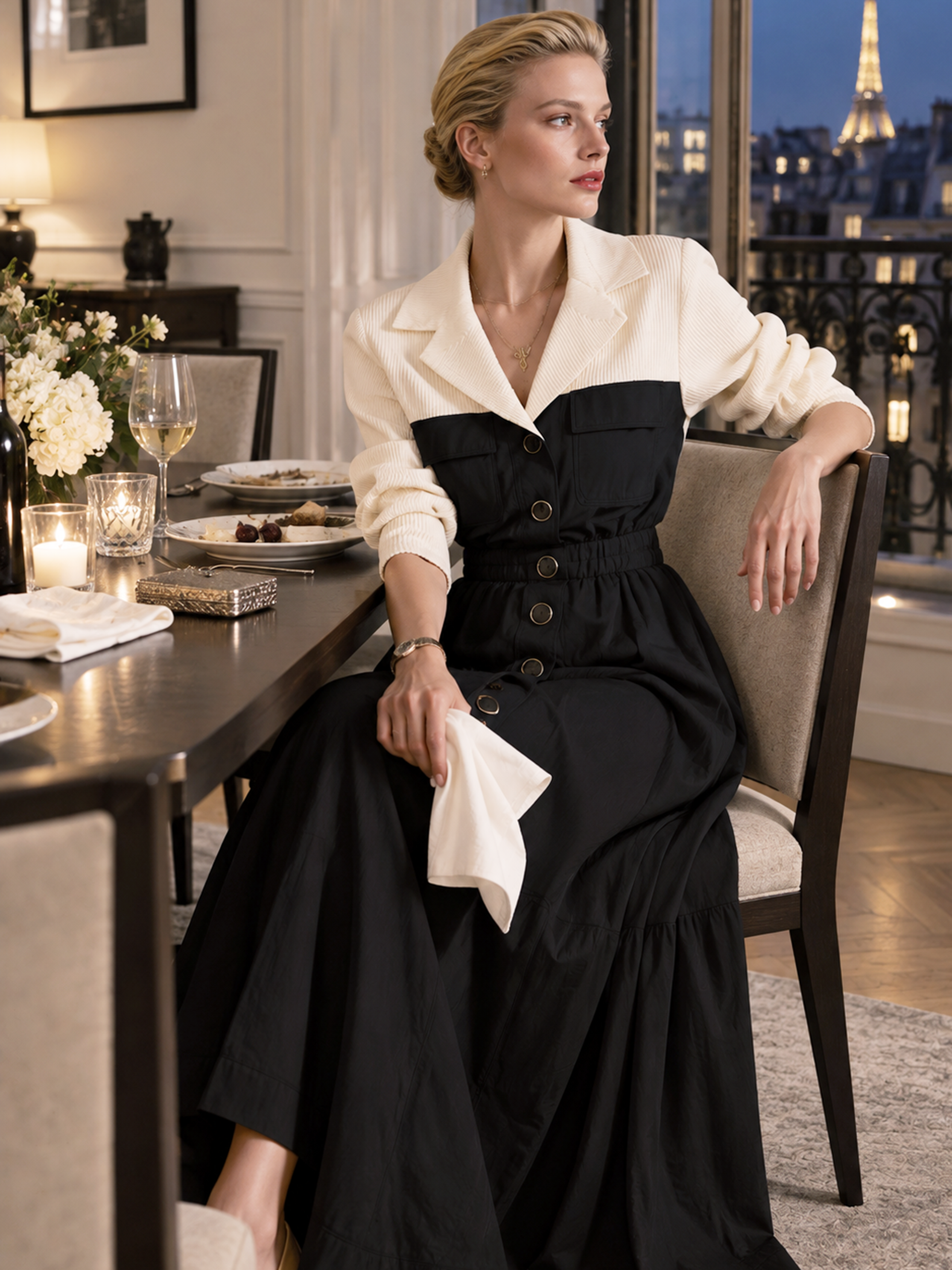 Cream Knit Contrast Black Utility Faux‑Two‑Piece Waisted Maxi Dress
