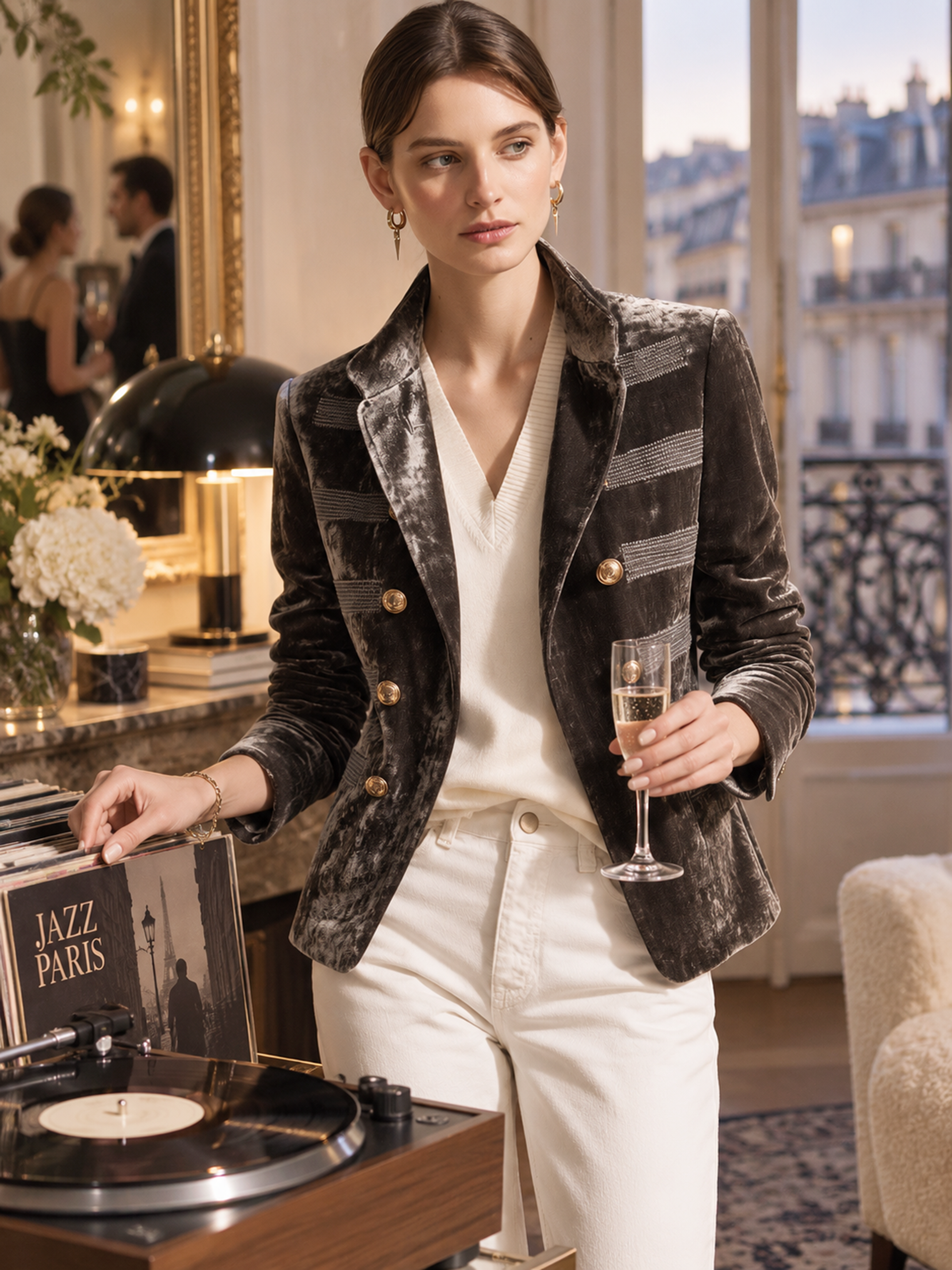 Charcoal Velvet Stand‑Lapel Vintage Gold‑Button Short Blazer