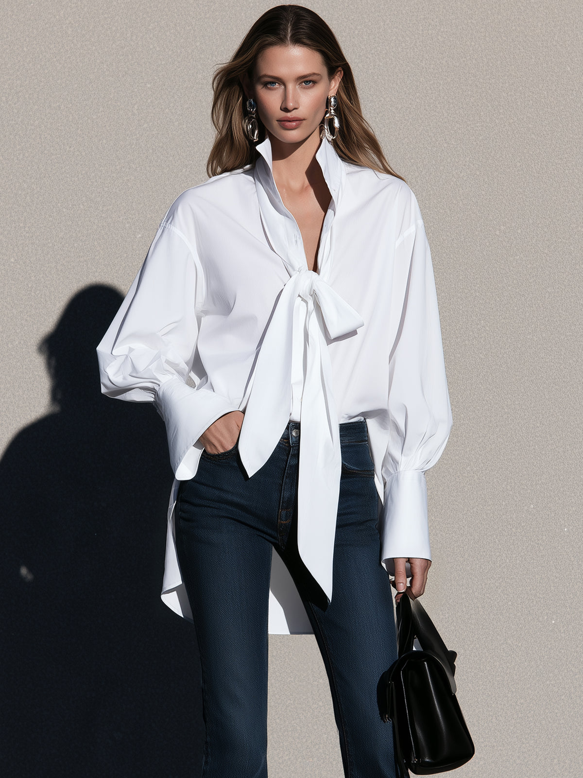 Oversized Tie-Neck Cotton Blend Shirt