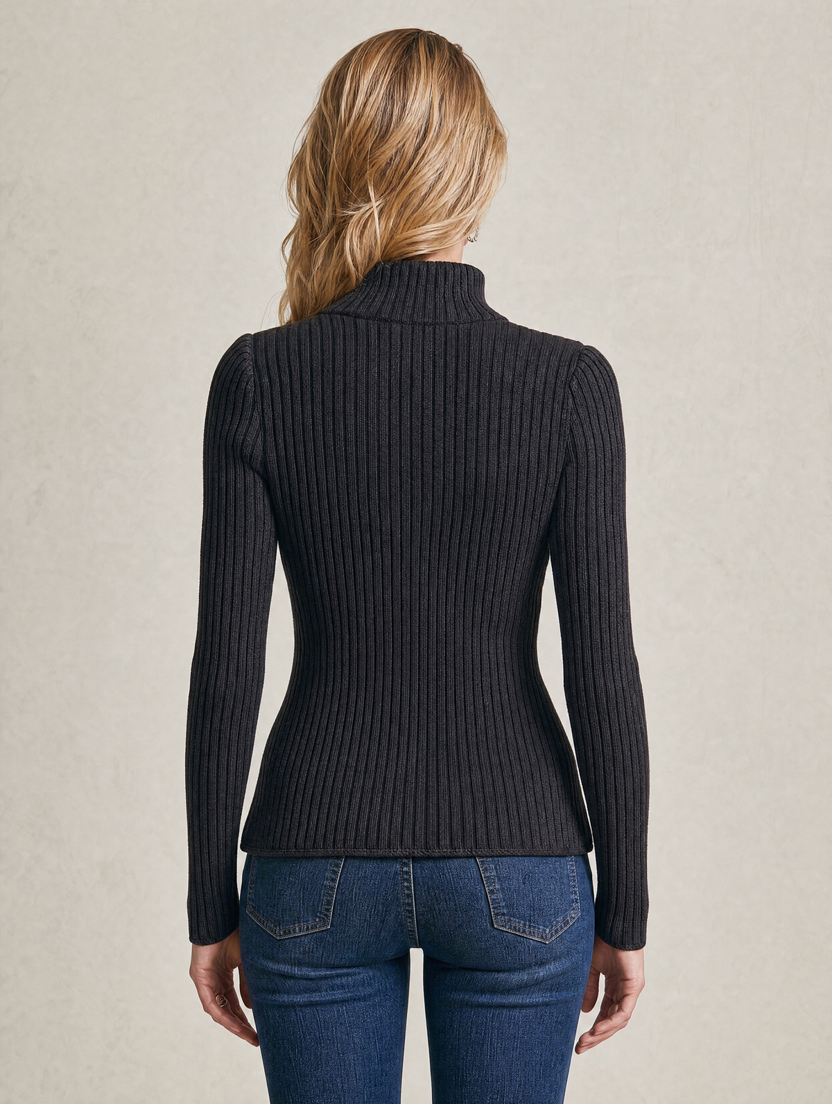 Elegant Charcoal Asymmetric Ribbed Knit Top With Gold Buttons