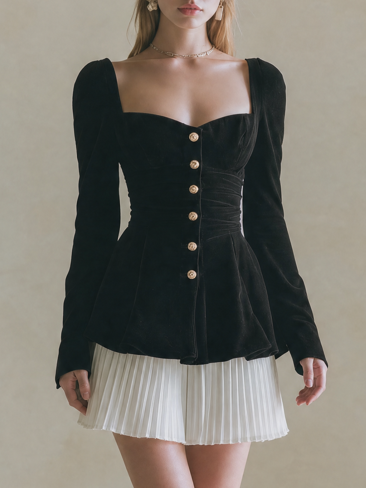 Elegant Black Velvet & White Pleated Skirt Set