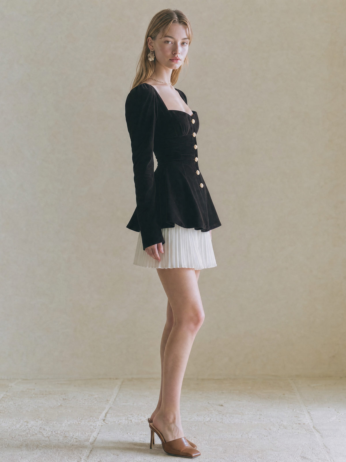 Elegant Black Velvet & White Pleated Skirt Set