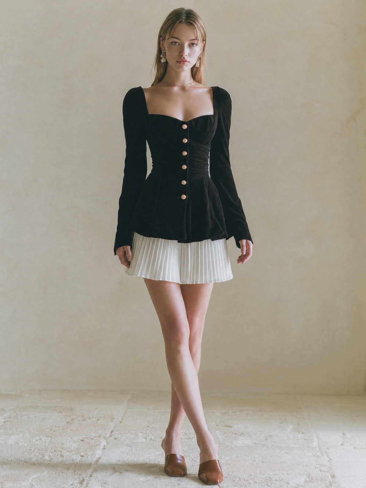 Elegant Black Velvet & White Pleated Skirt Set