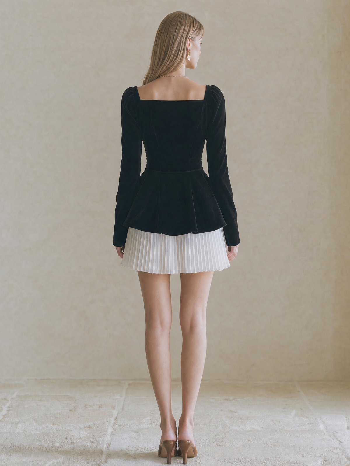 Elegant Black Velvet & White Pleated Skirt Set