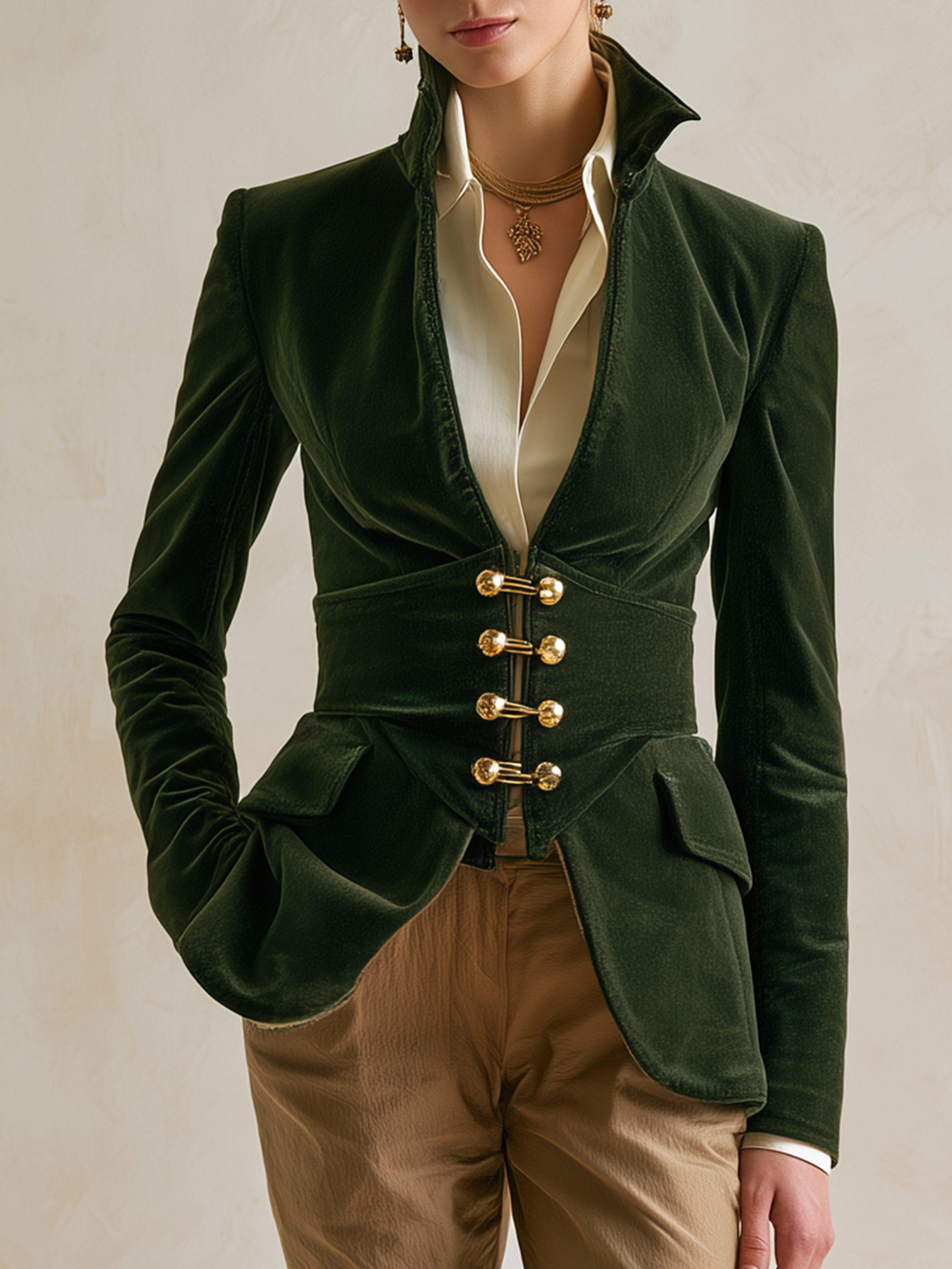 Elegant Forest Green Velvet High-Collar Blazer