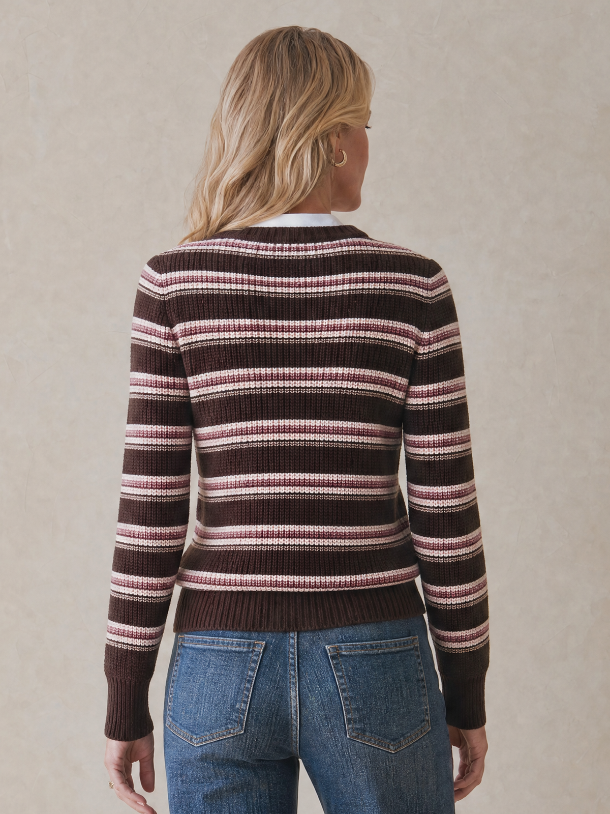 Elegant Dark Coffee Pink Striped Layered Knit Top