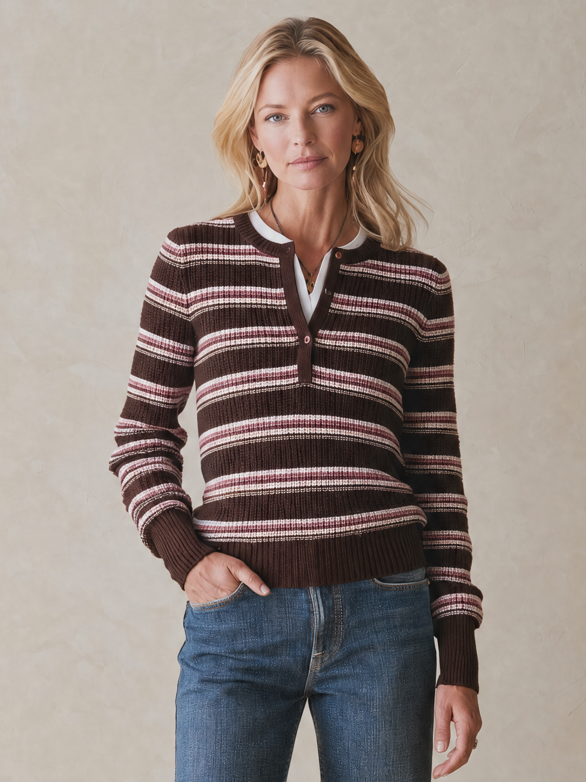 Elegant Dark Coffee Pink Striped Layered Knit Top