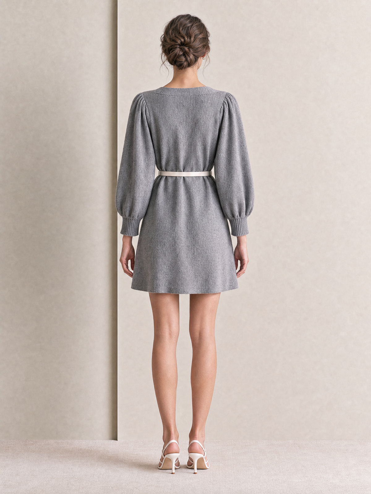 Grey Lace-Trim V-Neck Button-Front Knit Mini Dress With Belt