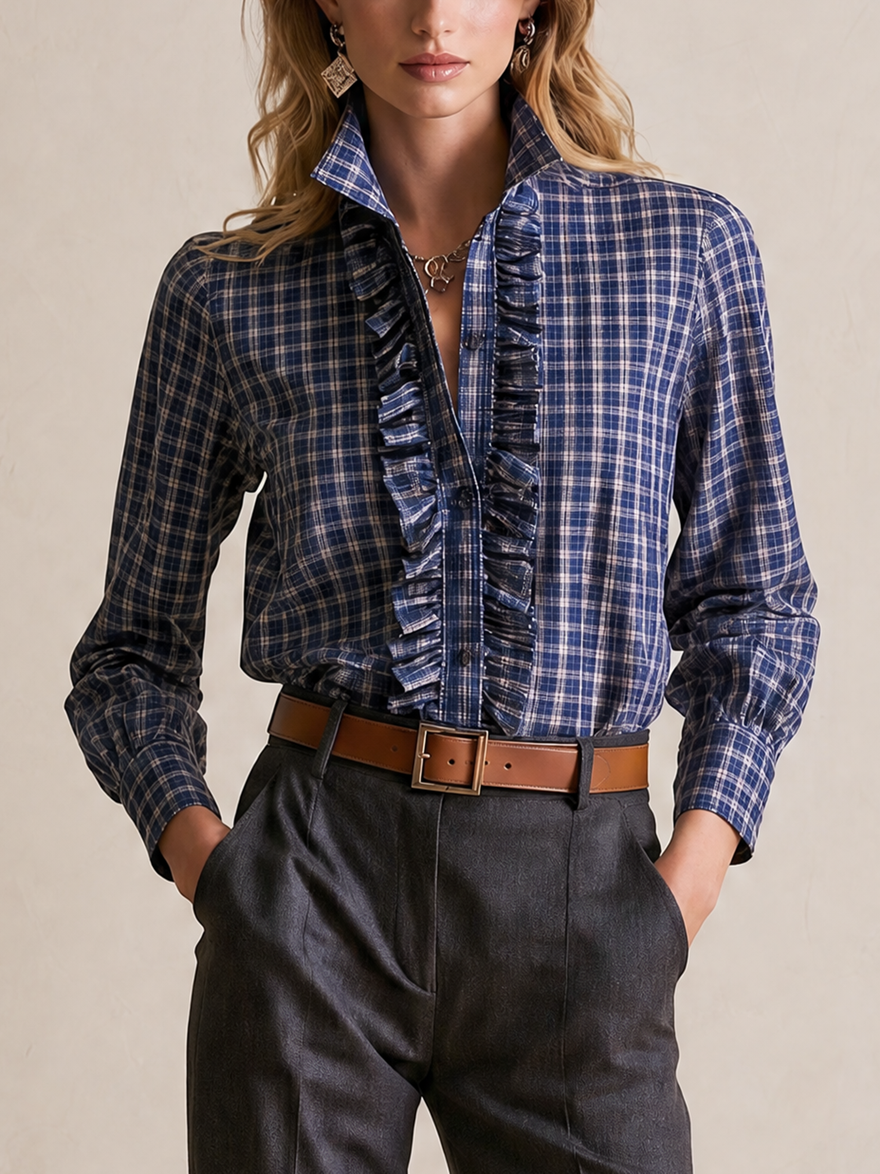 Elegant Sapphire Blue & Gray Plaid Ruffle Blouse