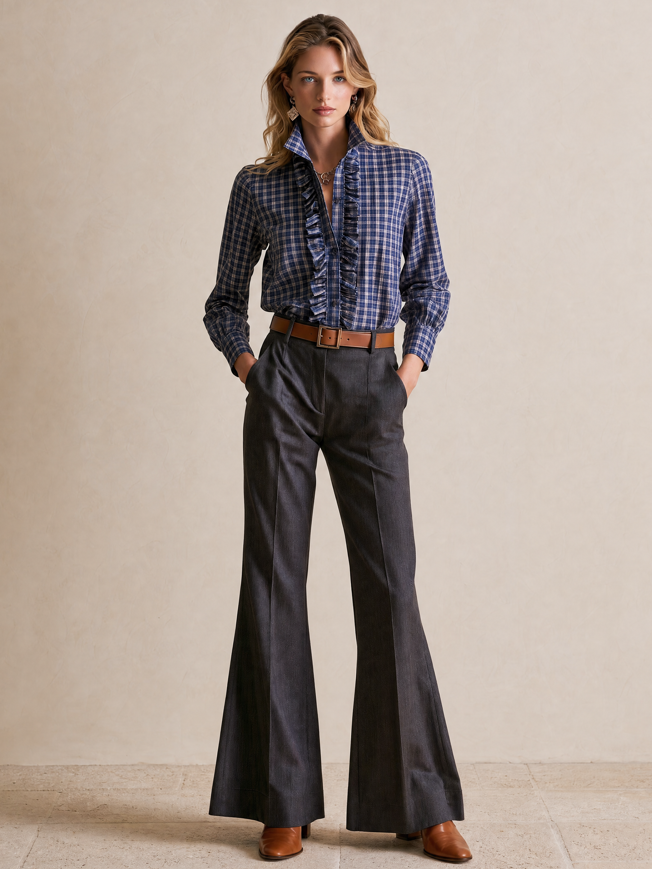 Elegant Sapphire Blue & Gray Plaid Ruffle Blouse