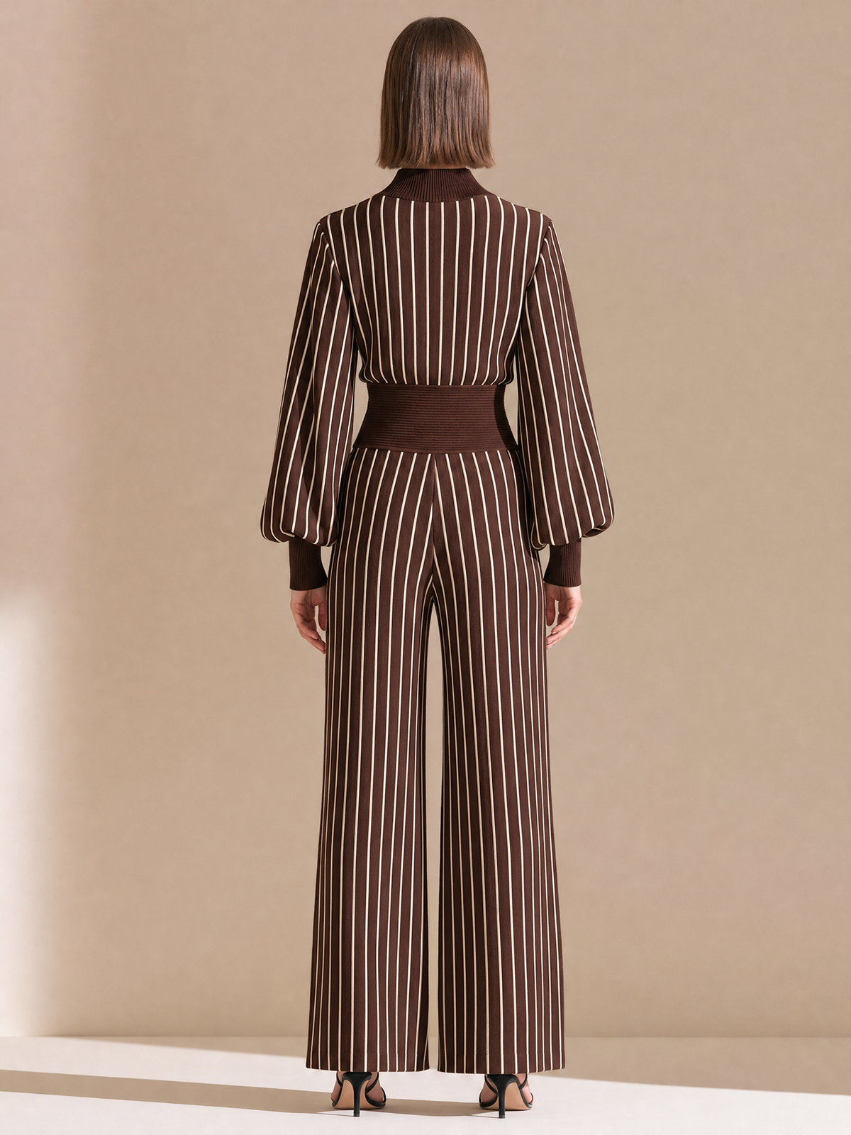 Chocolate Striped Zip-Neck Puff Sleeve Wide-Leg Jumpsuit