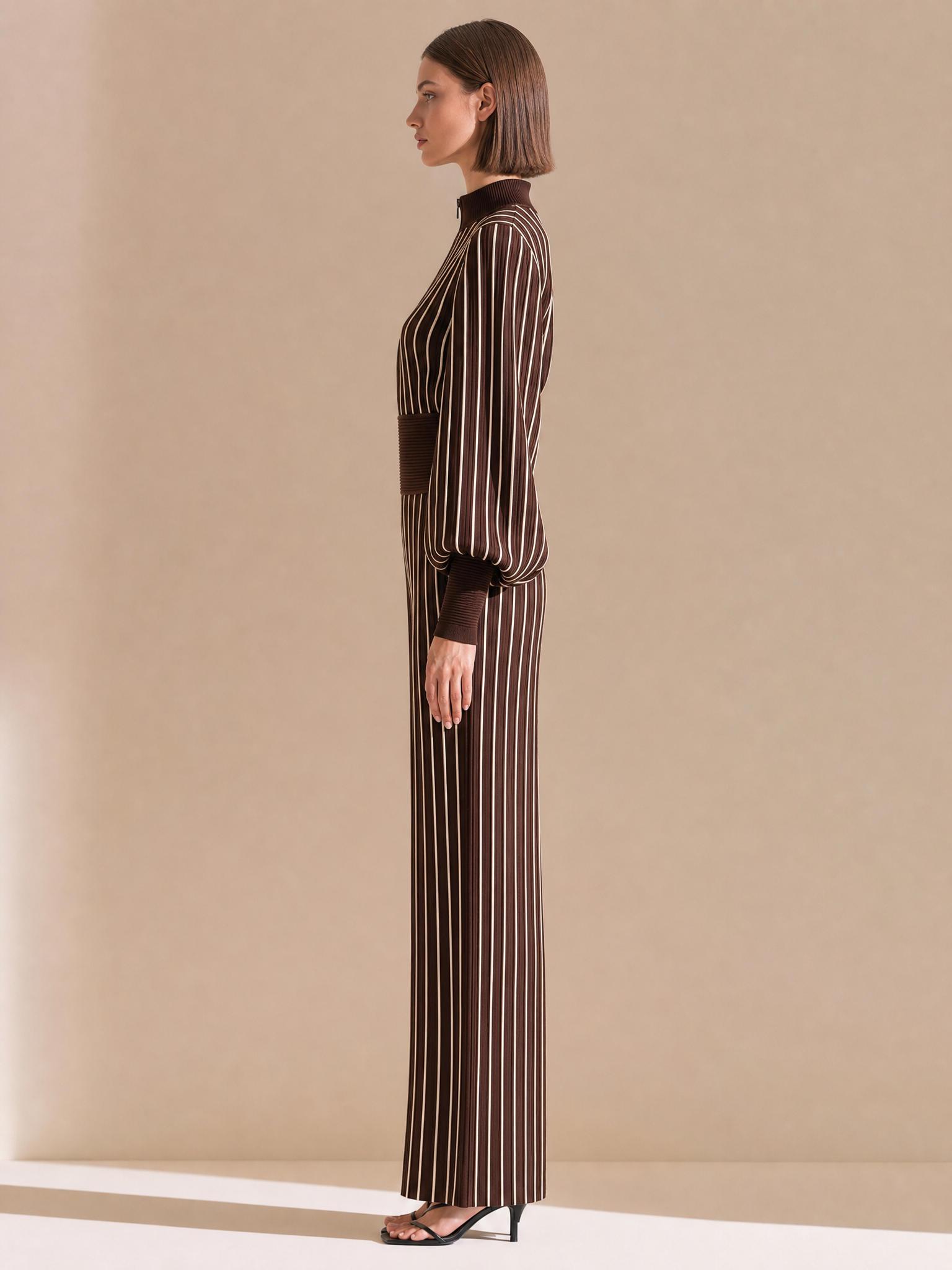 Chocolate Striped Zip-Neck Puff Sleeve Wide-Leg Jumpsuit