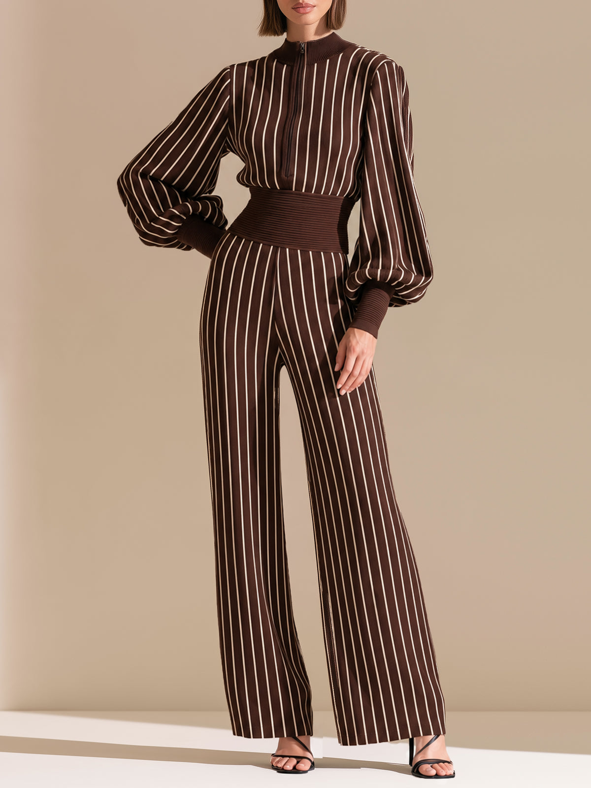 Chocolate Striped Zip-Neck Puff Sleeve Wide-Leg Jumpsuit