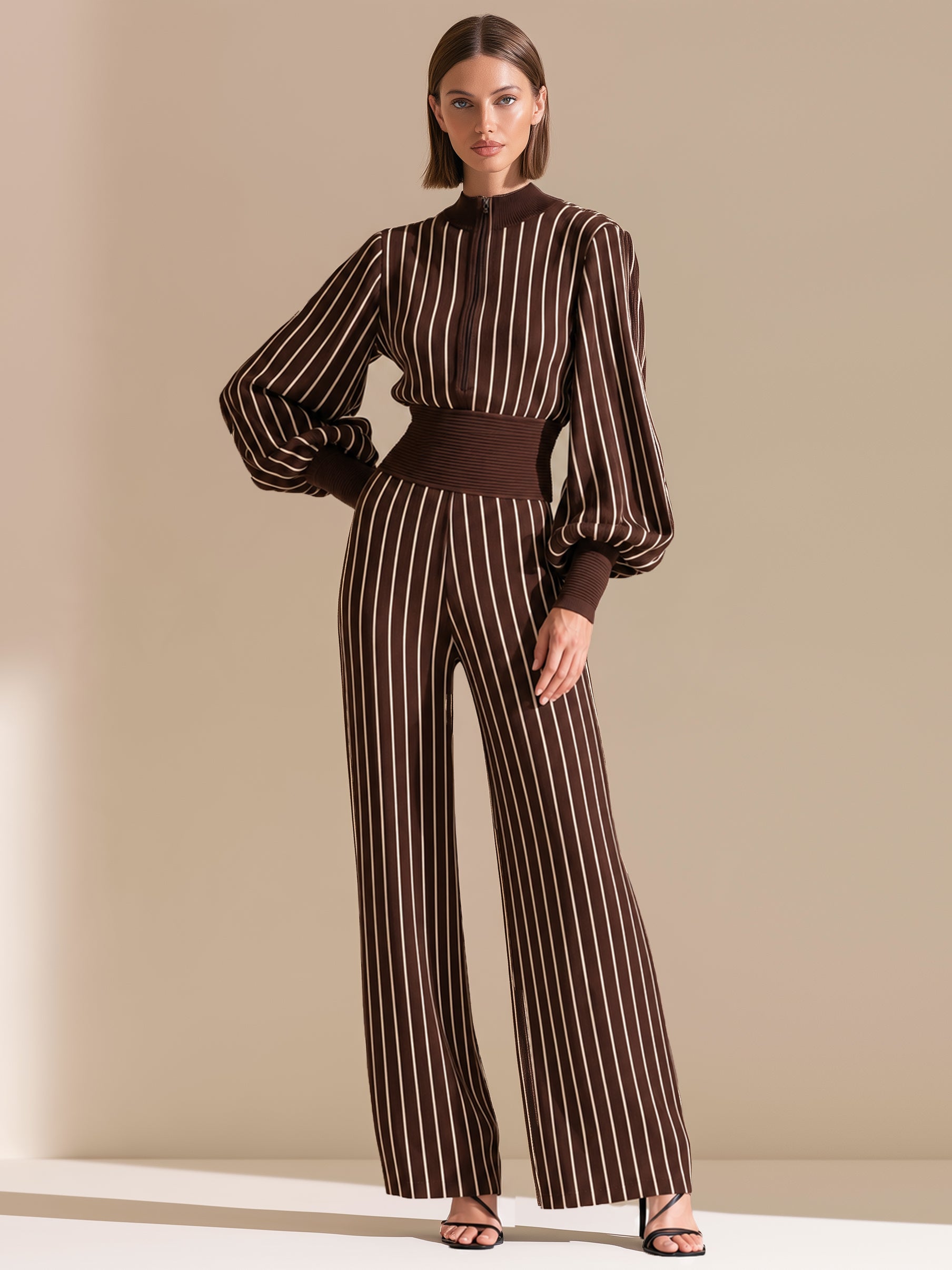 Chocolate Striped Zip-Neck Puff Sleeve Wide-Leg Jumpsuit