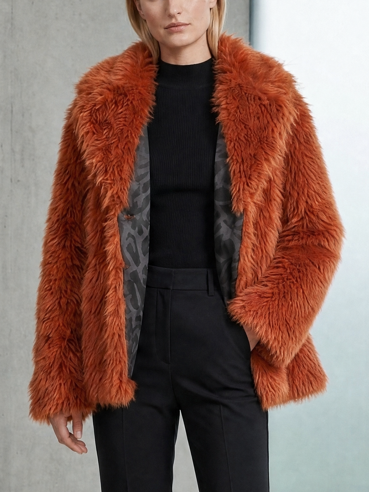 Elegant Burnt Orange Faux Fur Coat