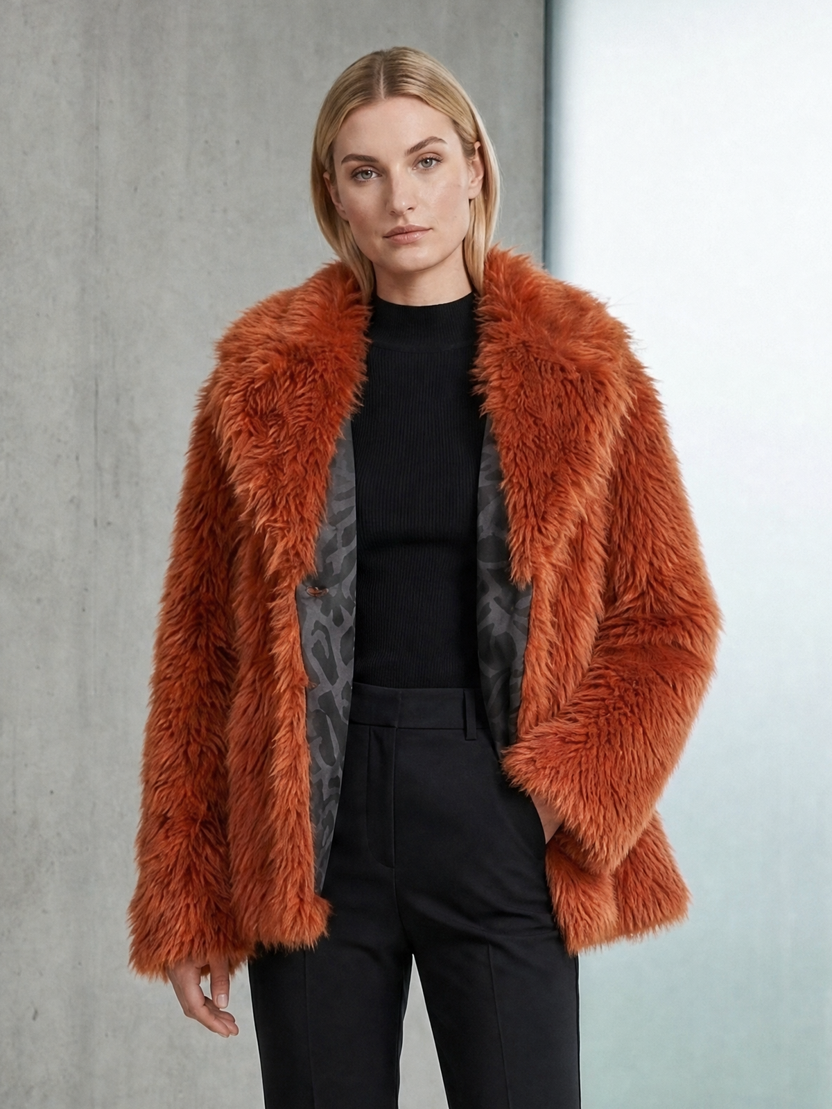 Elegant Burnt Orange Faux Fur Coat