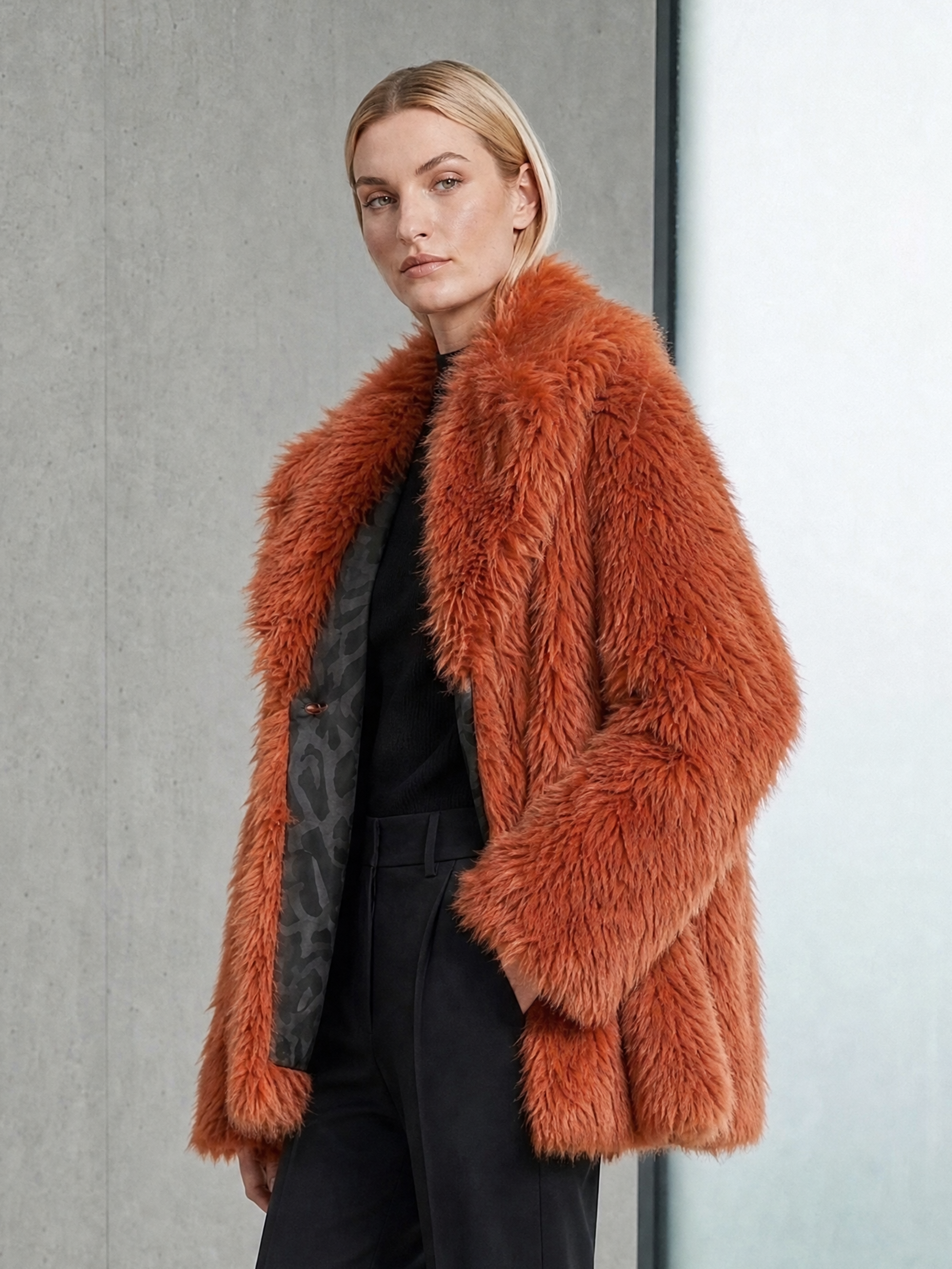 Elegant Burnt Orange Faux Fur Coat