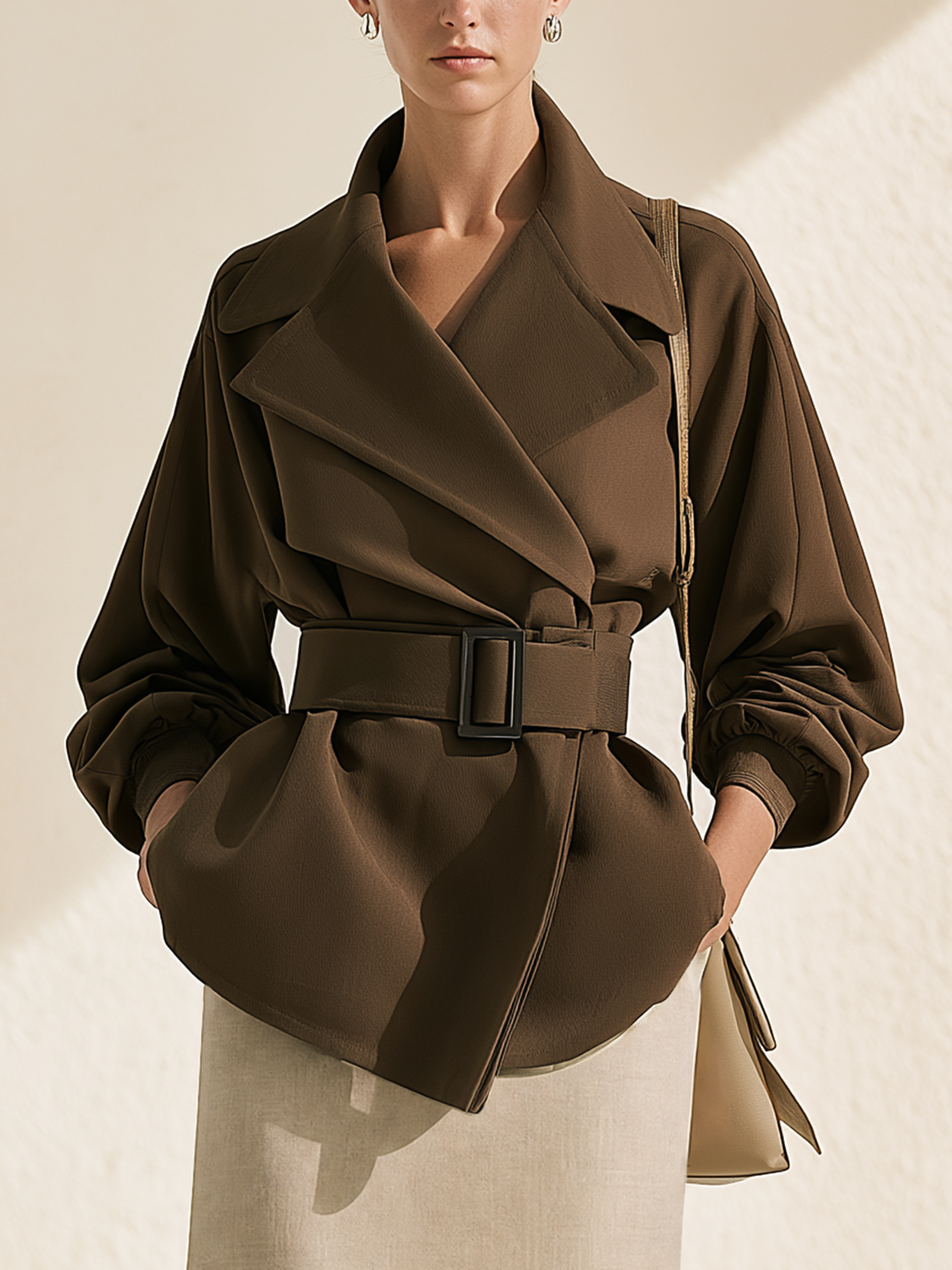 Deep Brown Wide Lapel Belted Waist Short Trench Coat