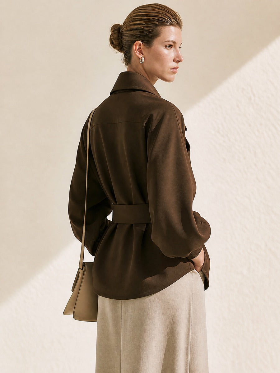 Deep Brown Wide Lapel Belted Waist Short Trench Coat