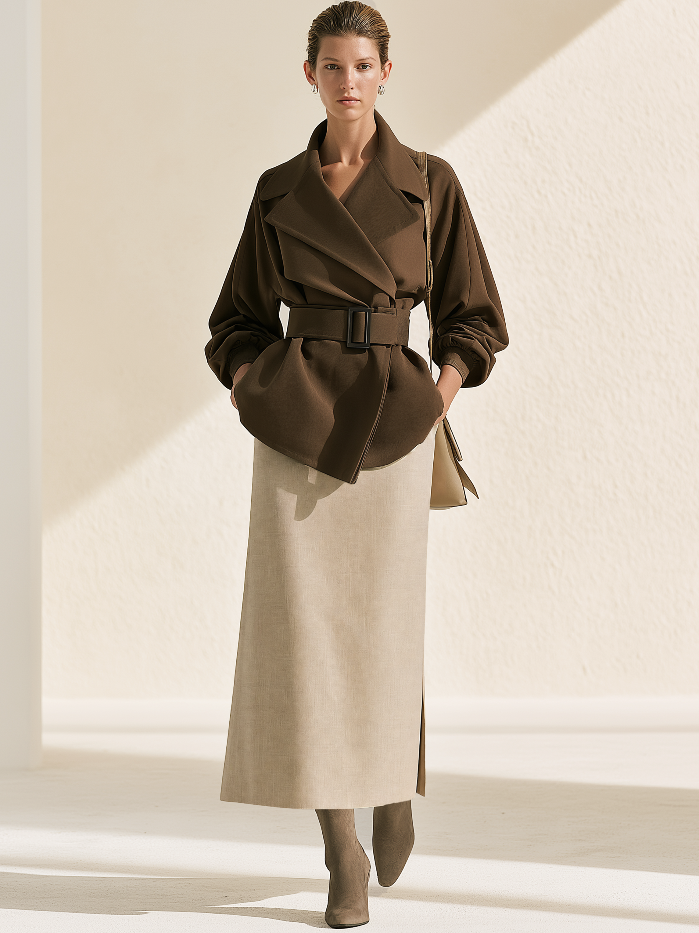Oat Linen Texture Side Slit High Waist Straight Midi Skirt