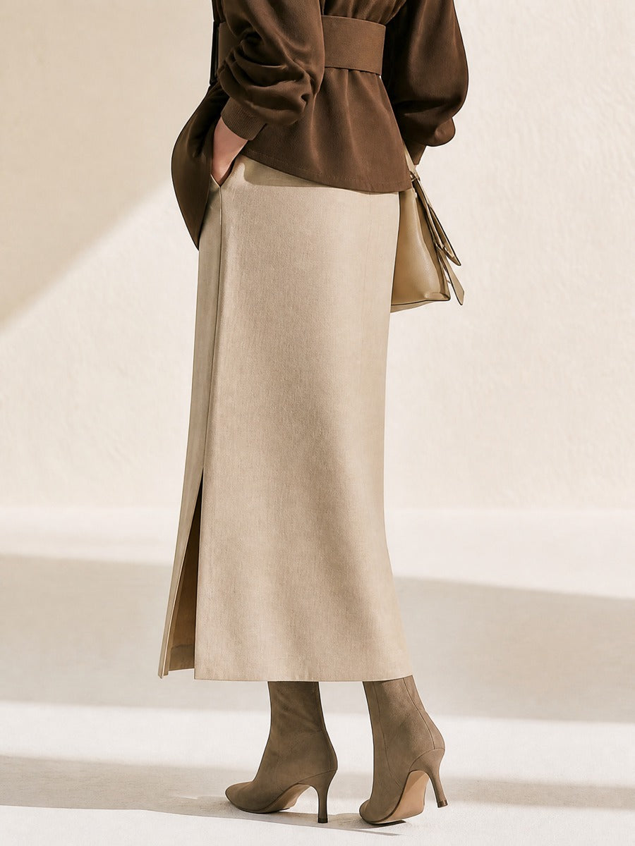 Oat Linen Texture Side Slit High Waist Straight Midi Skirt