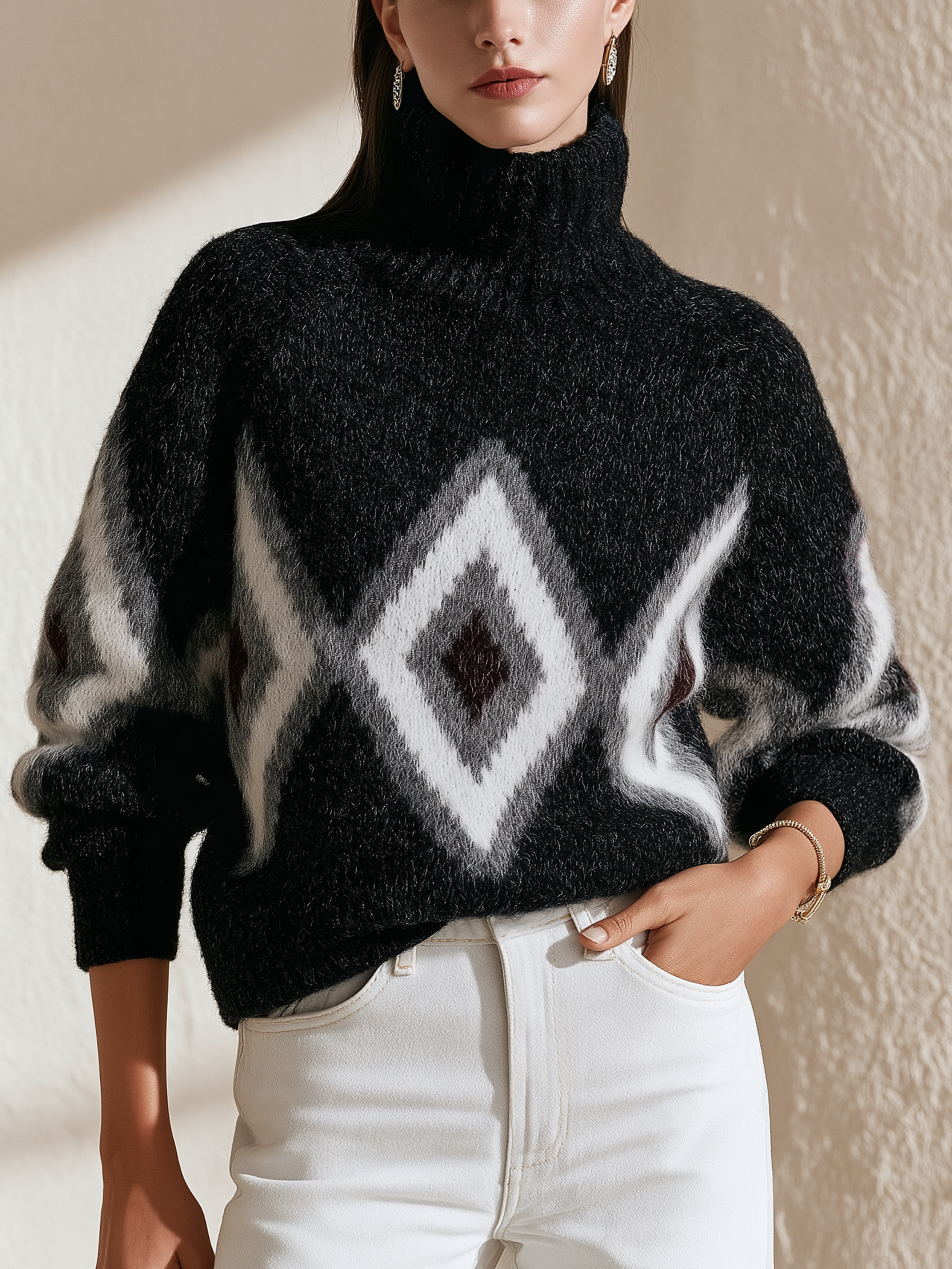 Black Diamond Jacquard Turtleneck Mohair Pullover Sweater