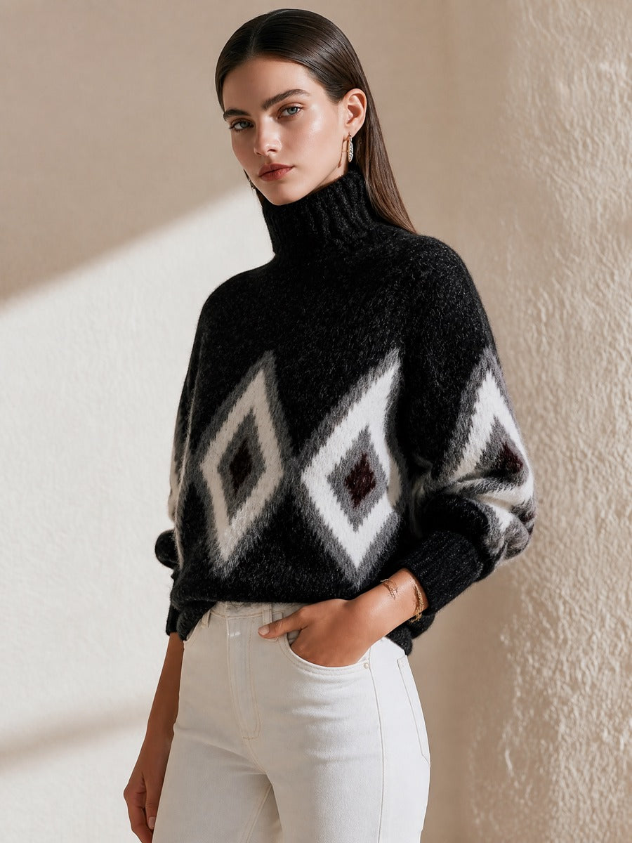 Black Diamond Jacquard Turtleneck Mohair Pullover Sweater