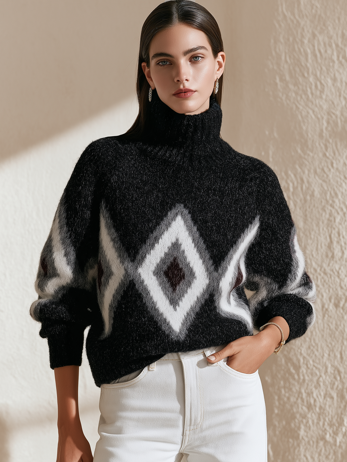 Black Diamond Jacquard Turtleneck Mohair Pullover Sweater