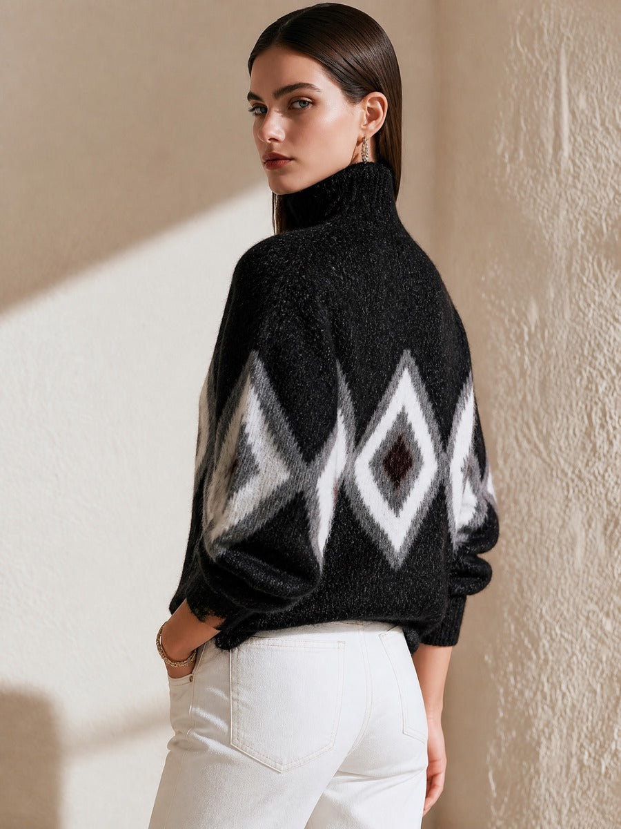 Black Diamond Jacquard Turtleneck Mohair Pullover Sweater