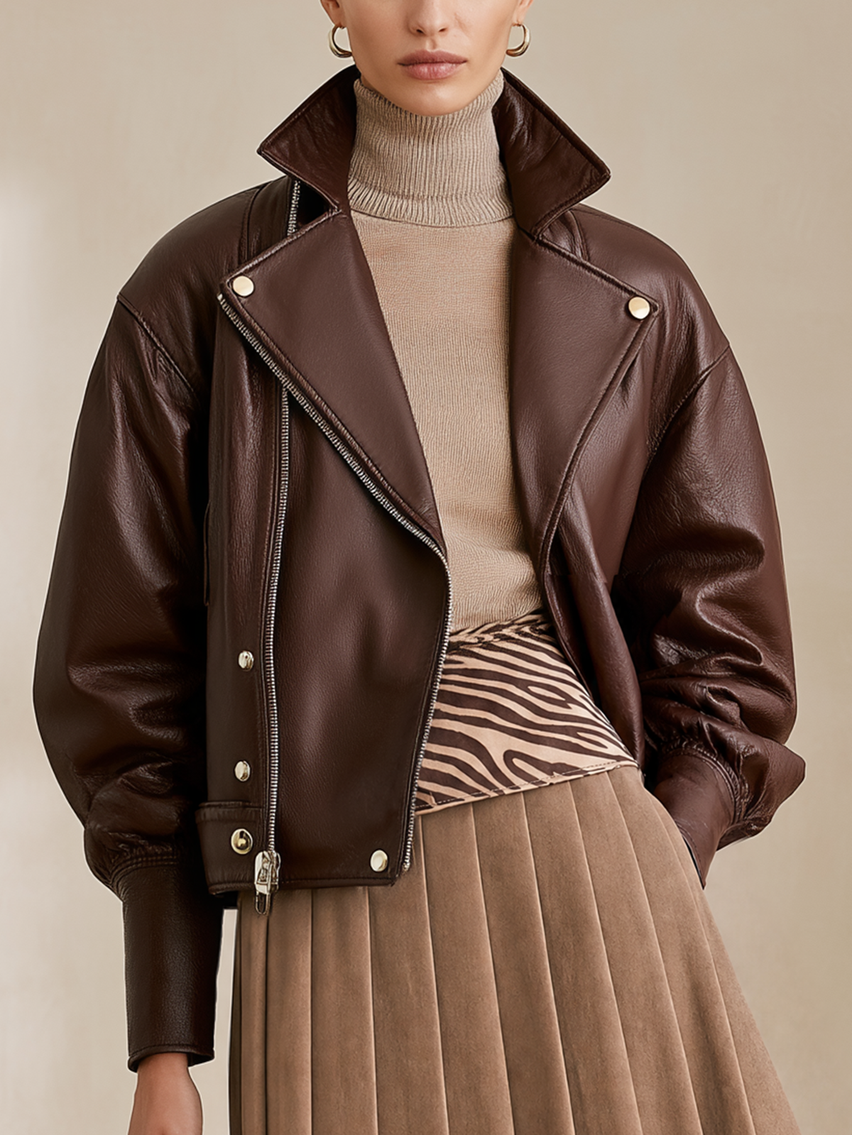 Dark Brown Lapel Zipper Cropped Moto Leather Jacket