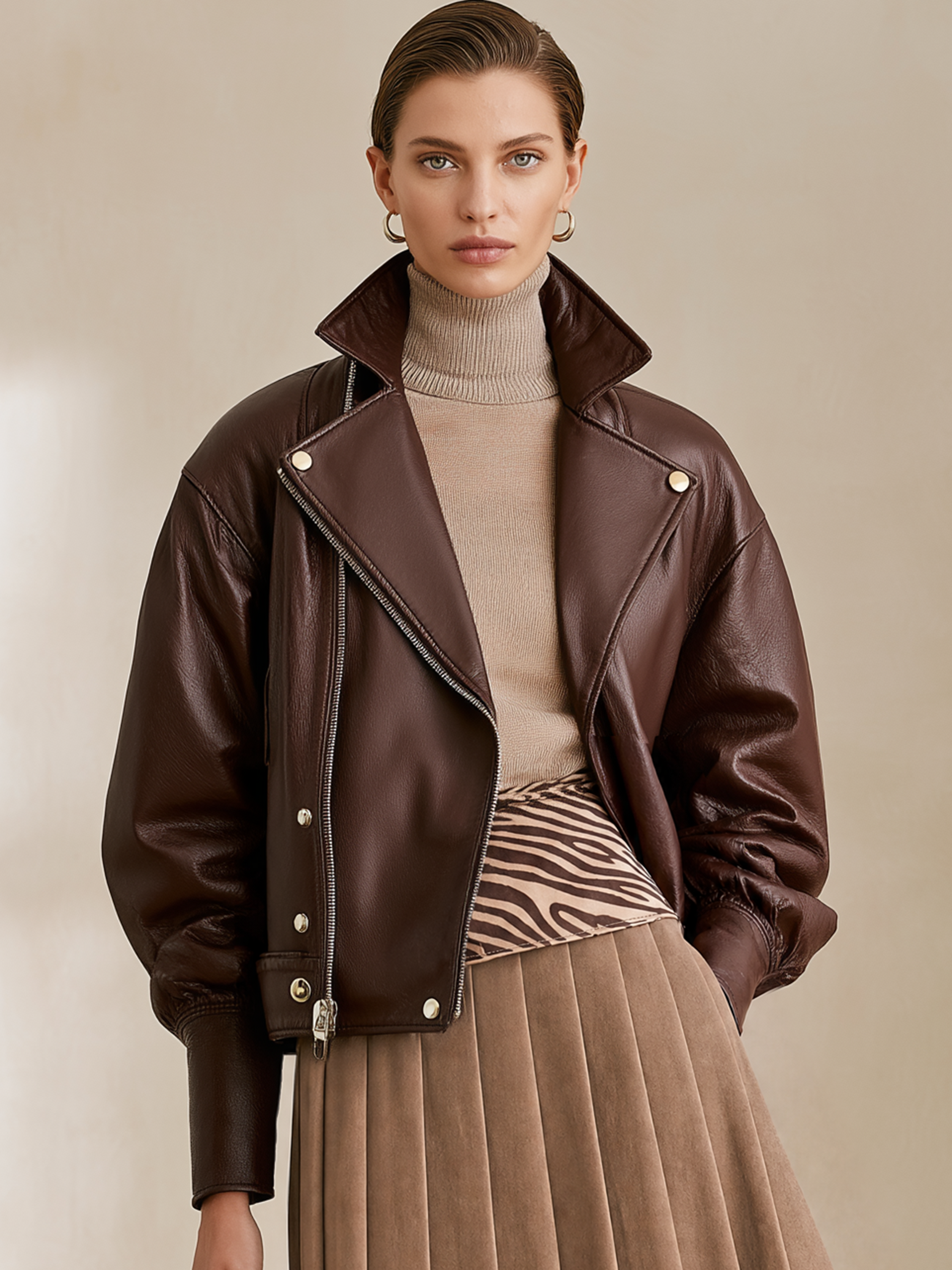 Dark Brown Lapel Zipper Cropped Moto Leather Jacket