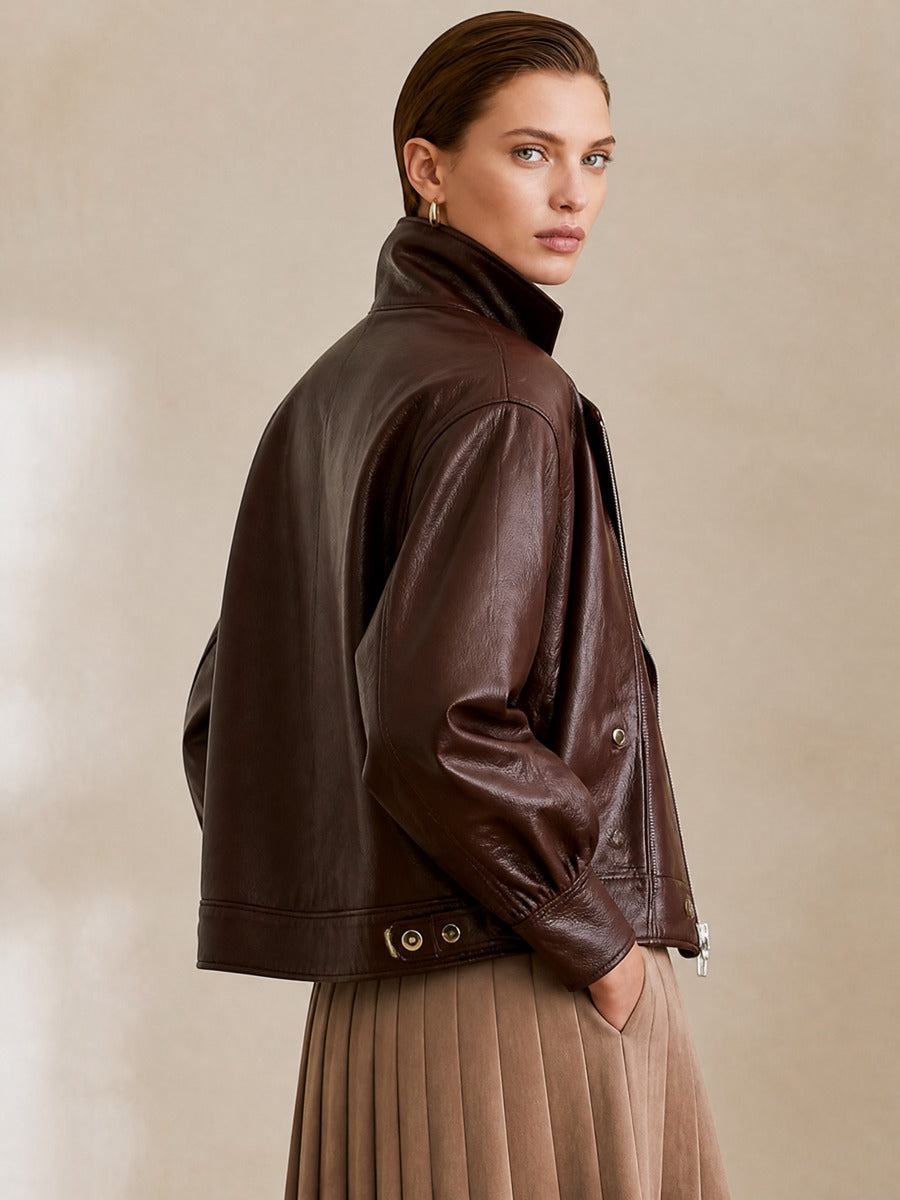 Dark Brown Lapel Zipper Cropped Moto Leather Jacket
