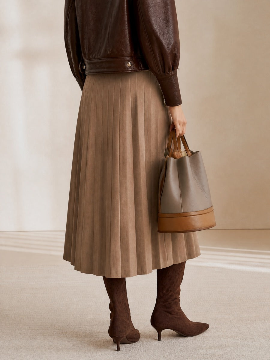 Brown High Waist Pleated Midi Skirt With Zebra Print Waist Panel