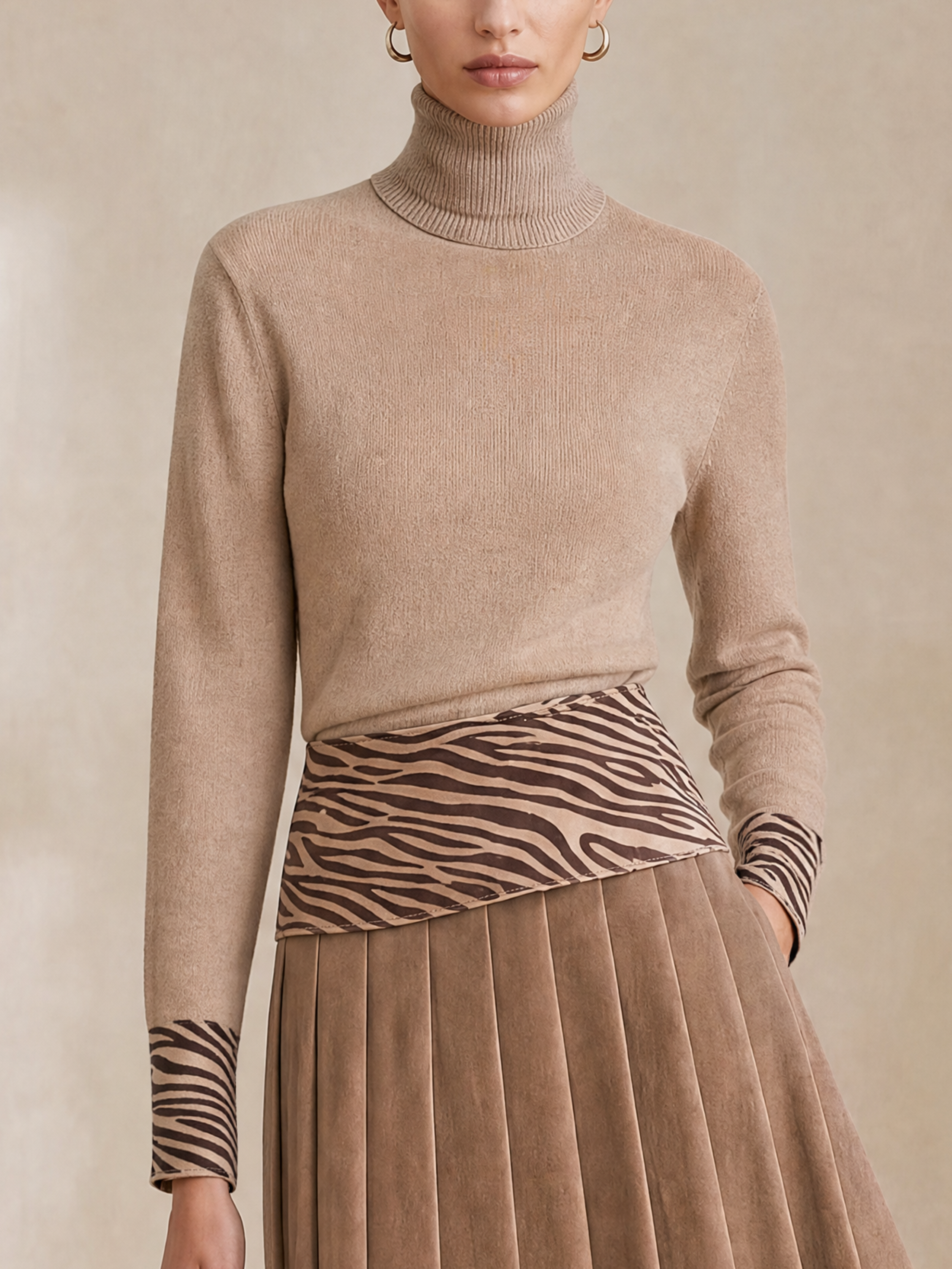 Oat Turtleneck Wool Sweater With Zebra Print Cuff Detail