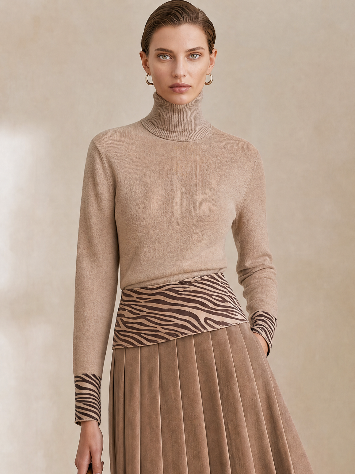 Oat Turtleneck Wool Sweater With Zebra Print Cuff Detail