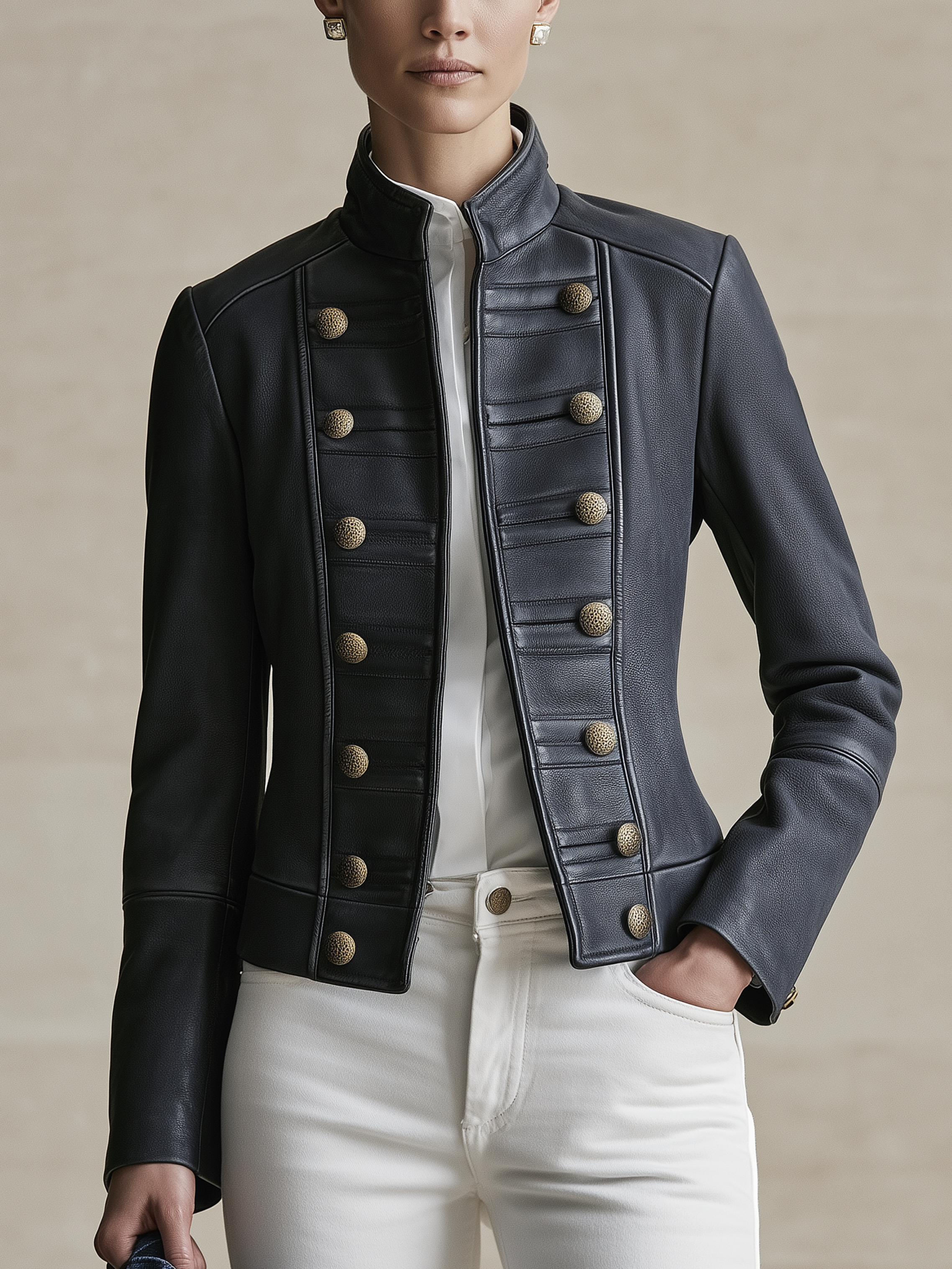 Black Stand Collar Metal Double Breasted Fitted Cropped Leather Jacket
