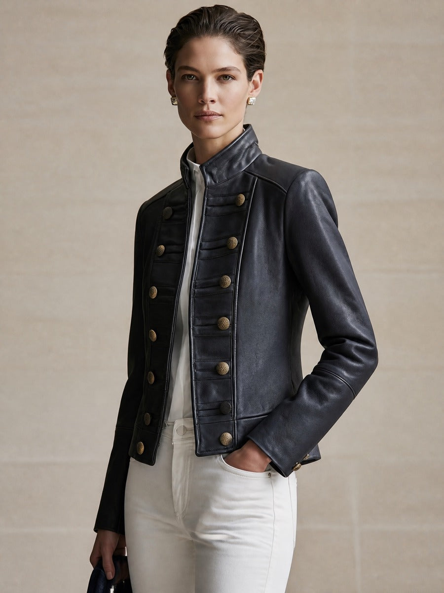 Black Stand Collar Metal Double Breasted Fitted Cropped Leather Jacket