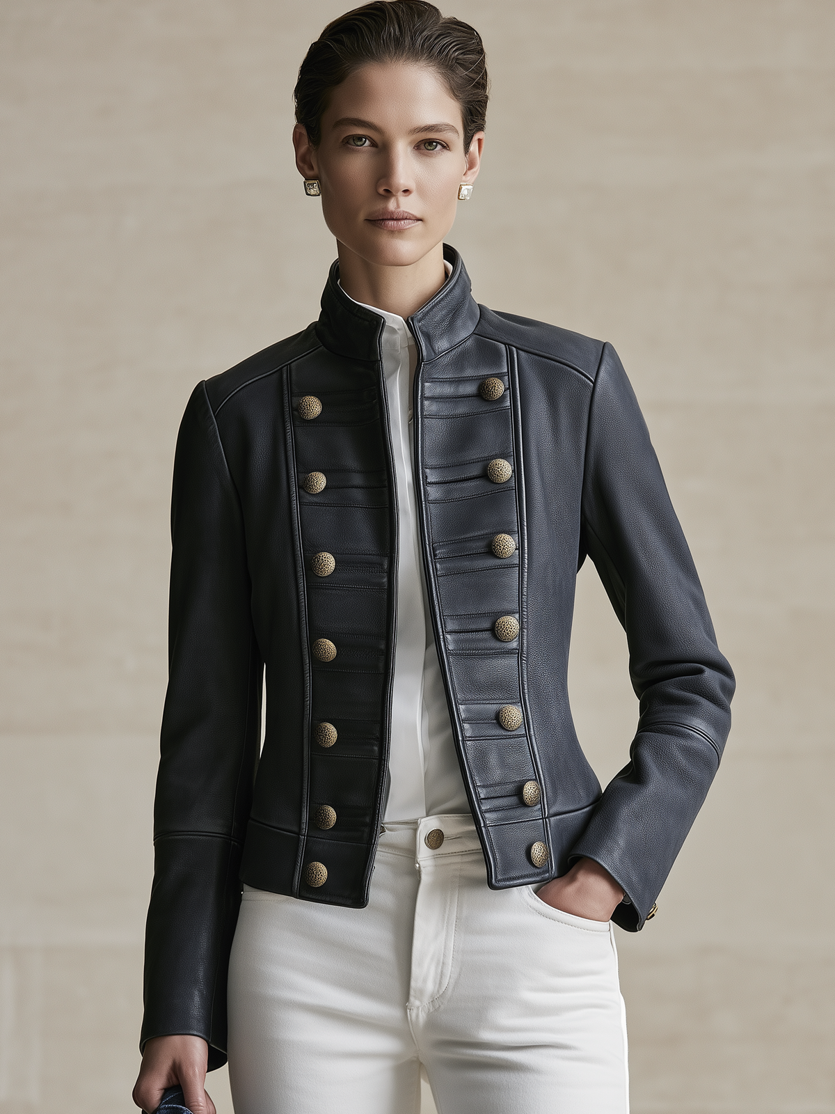 Black Stand Collar Metal Double Breasted Fitted Cropped Leather Jacket