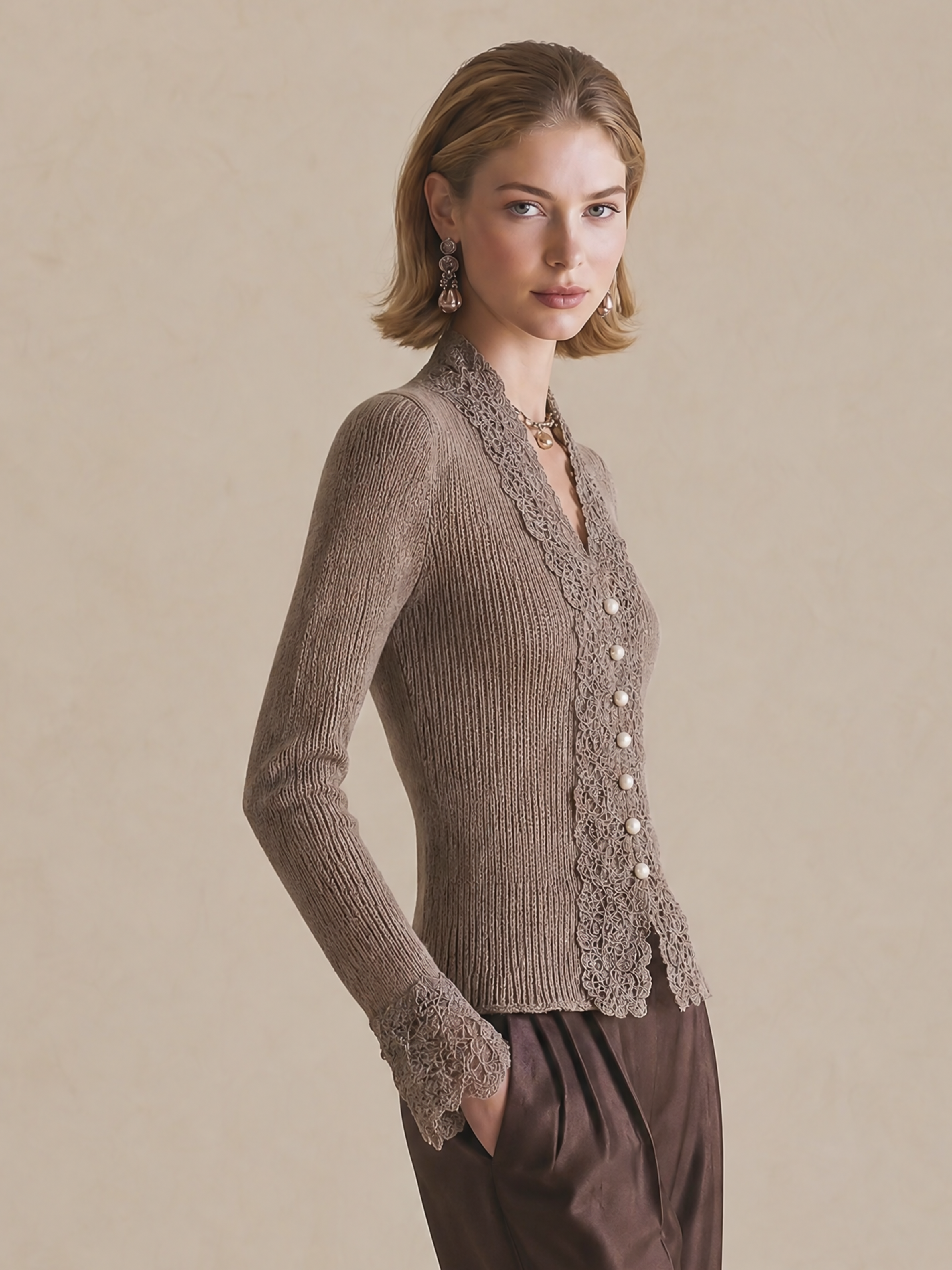 Elegant Taupe Lace-Trim Knit Cardigan