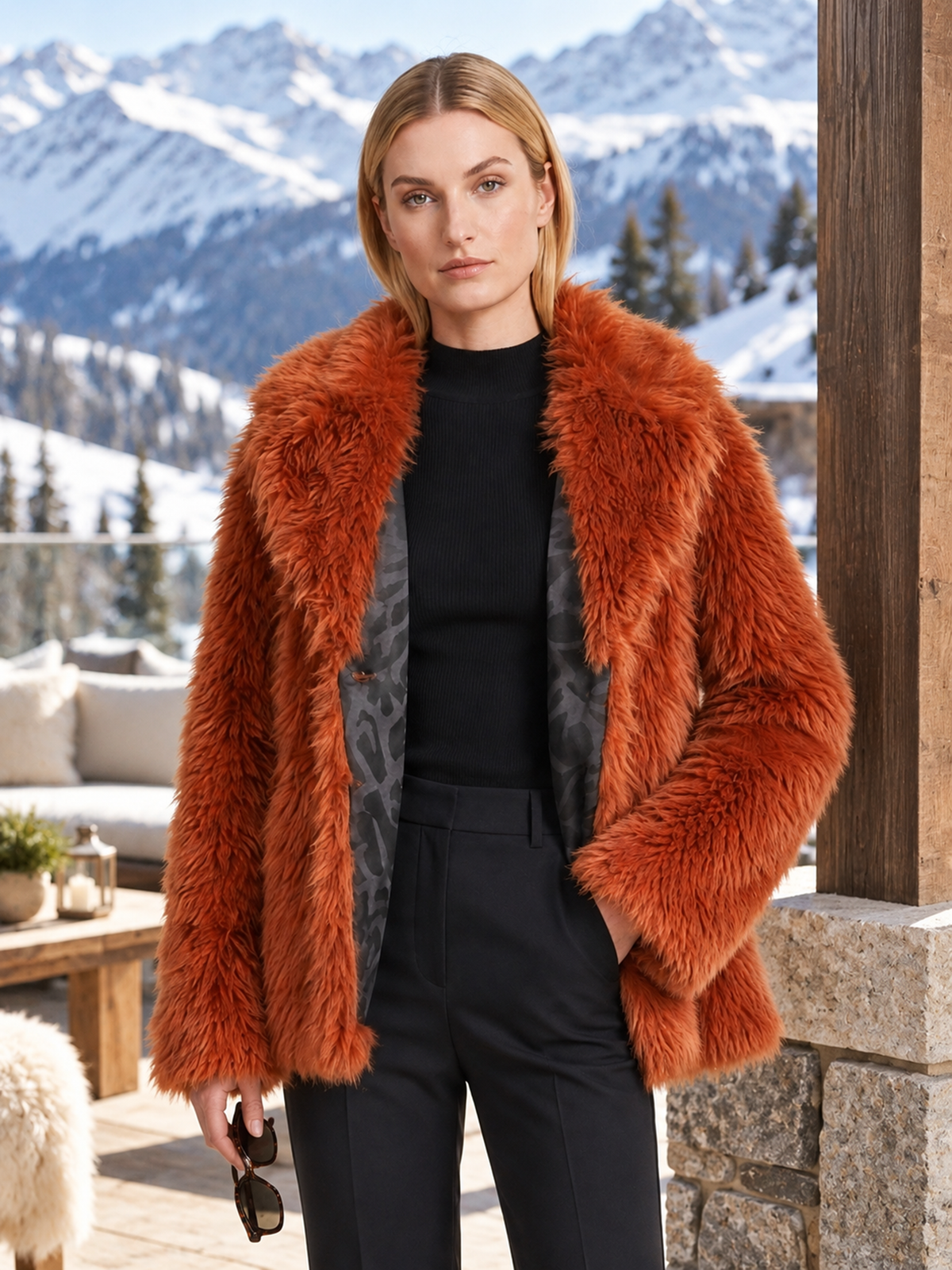 Elegant Burnt Orange Faux Fur Coat