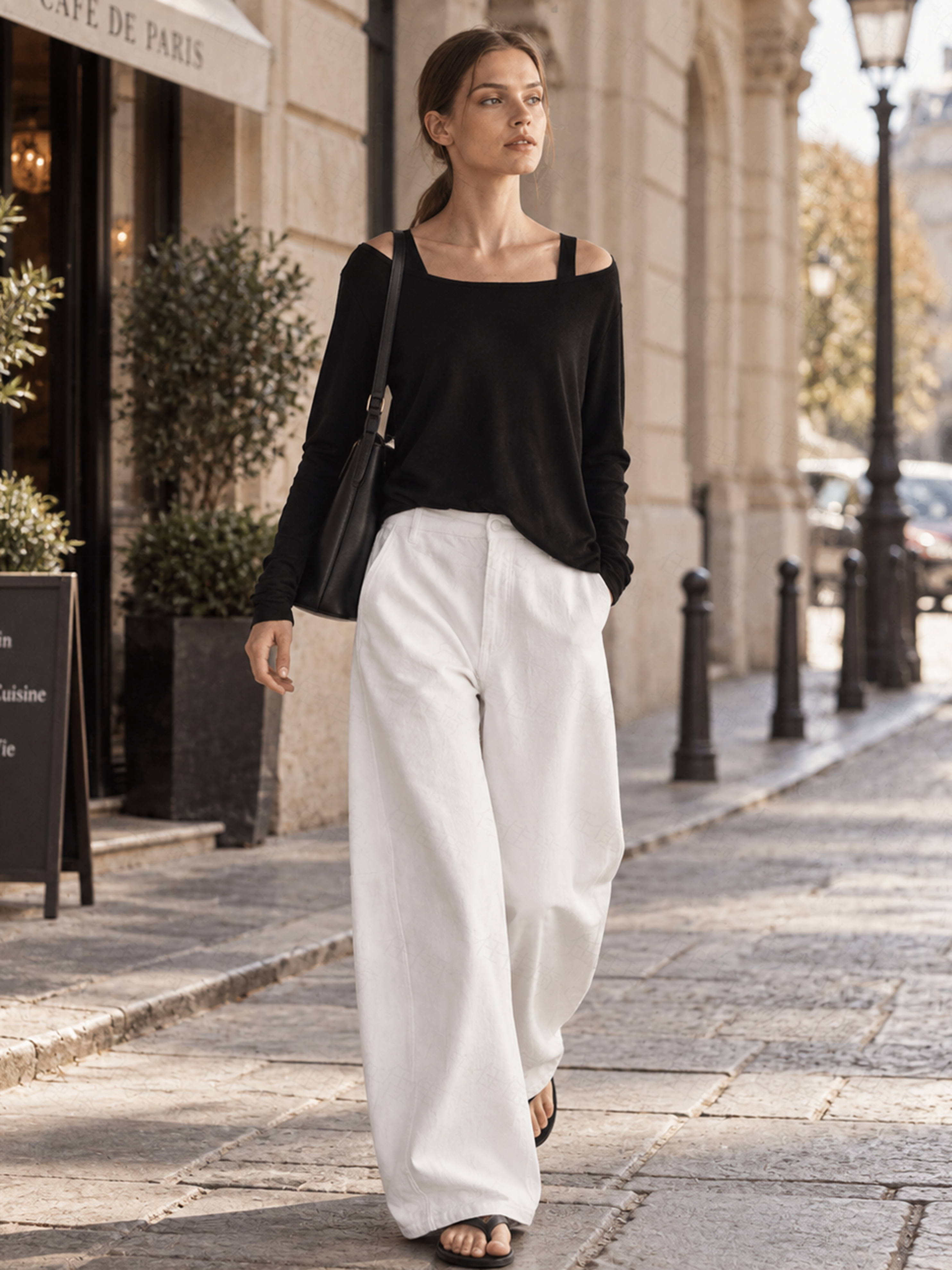 Elegant Black Off-Shoulder Top & White Wide-Leg Jeans Set