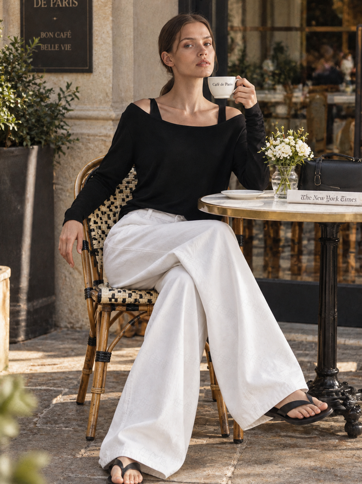 Elegant Black Off-Shoulder Top & White Wide-Leg Jeans Set