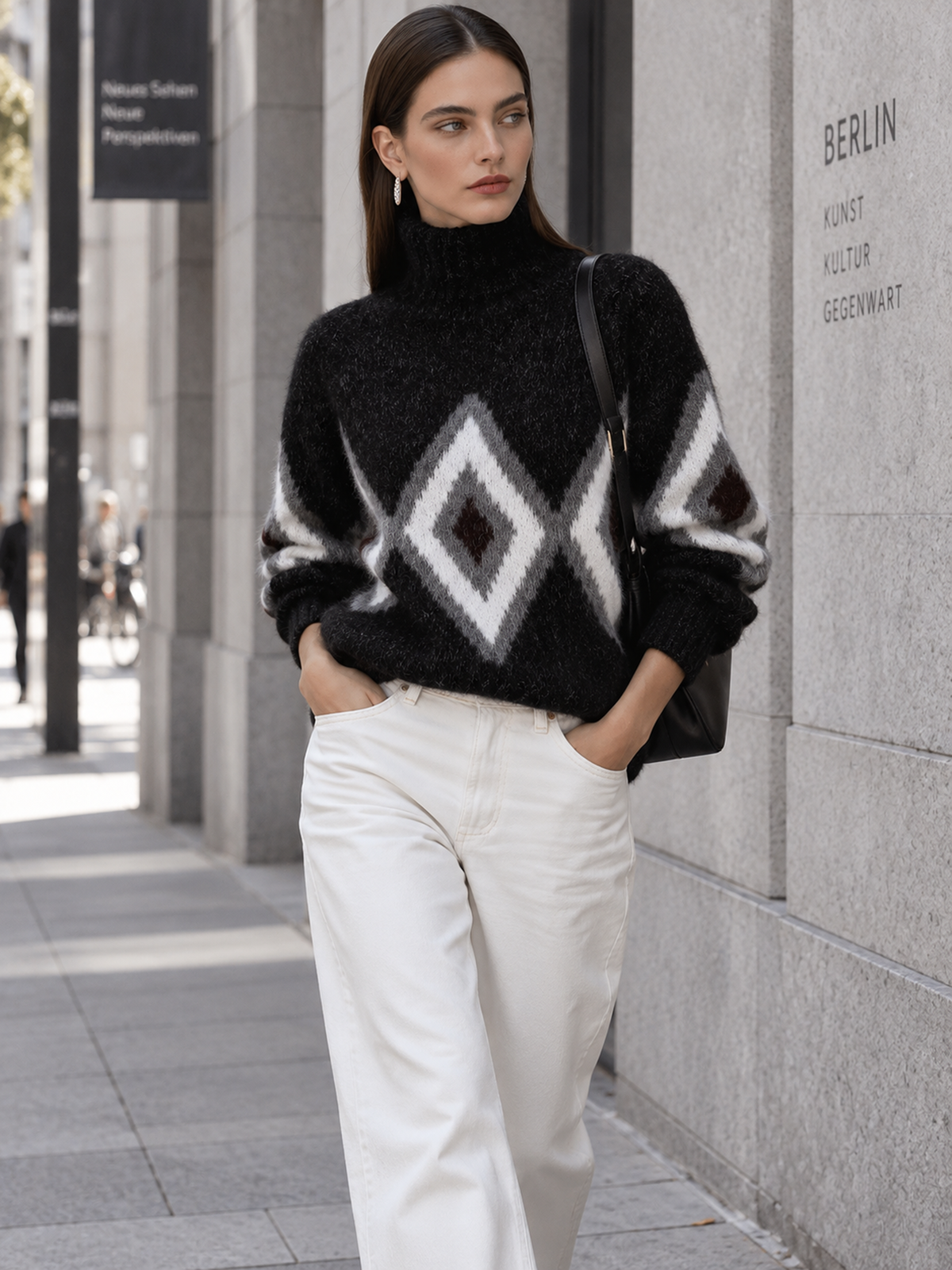 Black Diamond Jacquard Turtleneck Mohair Pullover Sweater