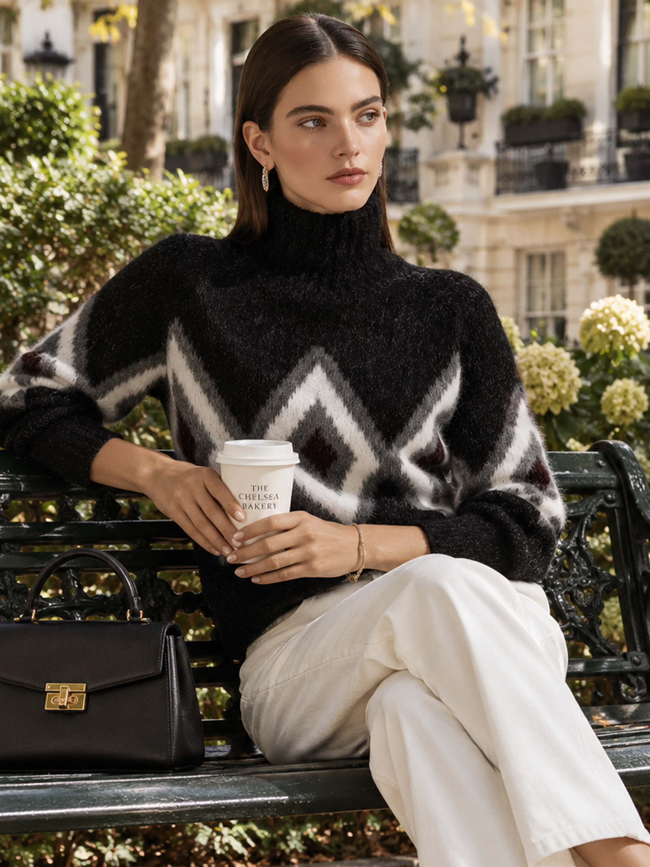 Black Diamond Jacquard Turtleneck Mohair Pullover Sweater