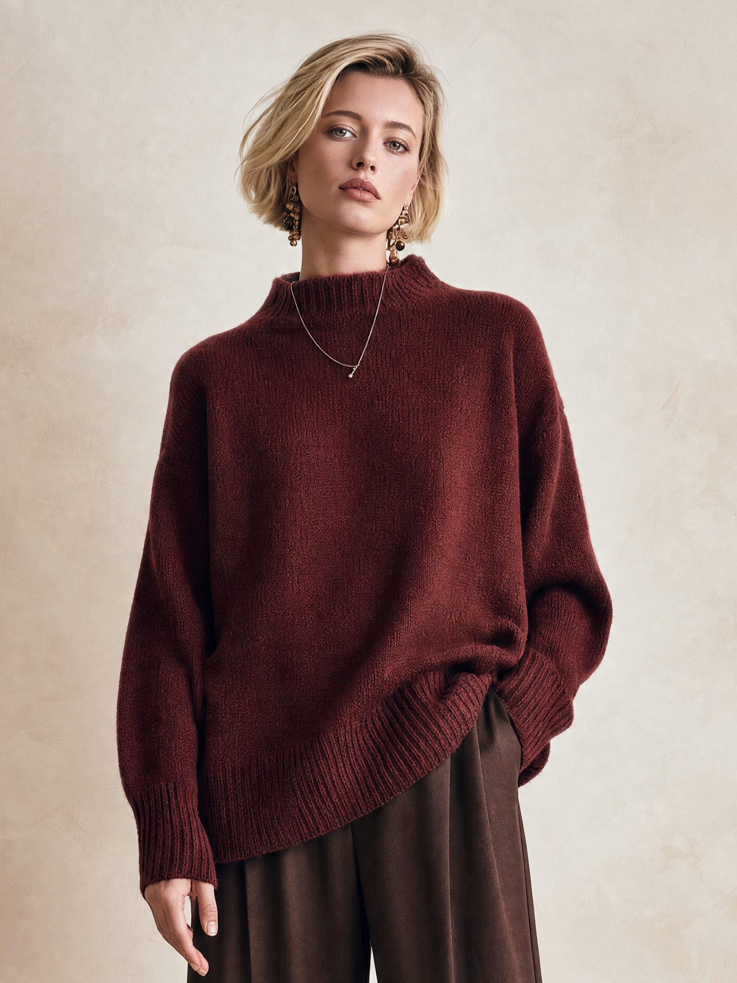 Elegant Deep Burgundy Soft-Brushed Mock Neck Sweater