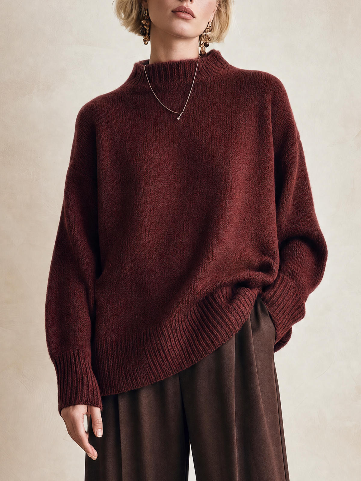 Elegant Deep Burgundy Soft-Brushed Mock Neck Sweater