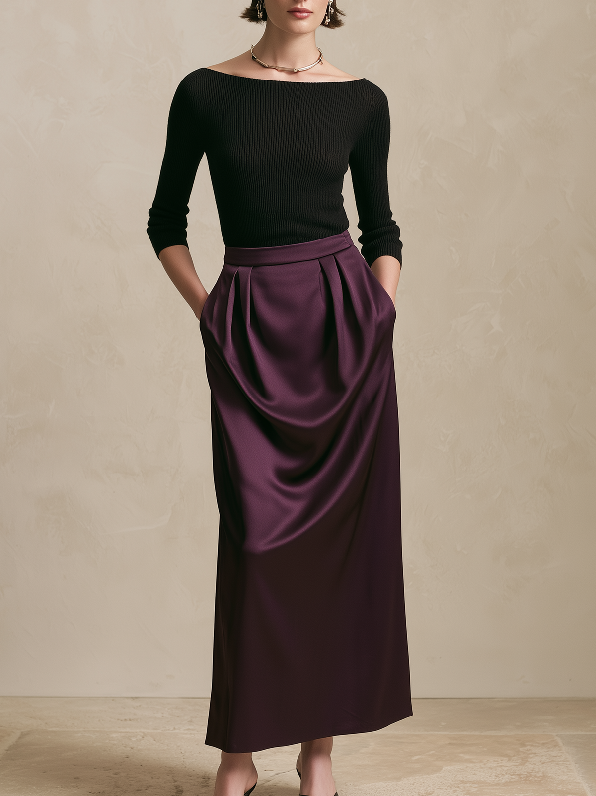 Elegant Black Boat Neck Knit Top & Jewel Purple Satin Maxi Skirt Set
