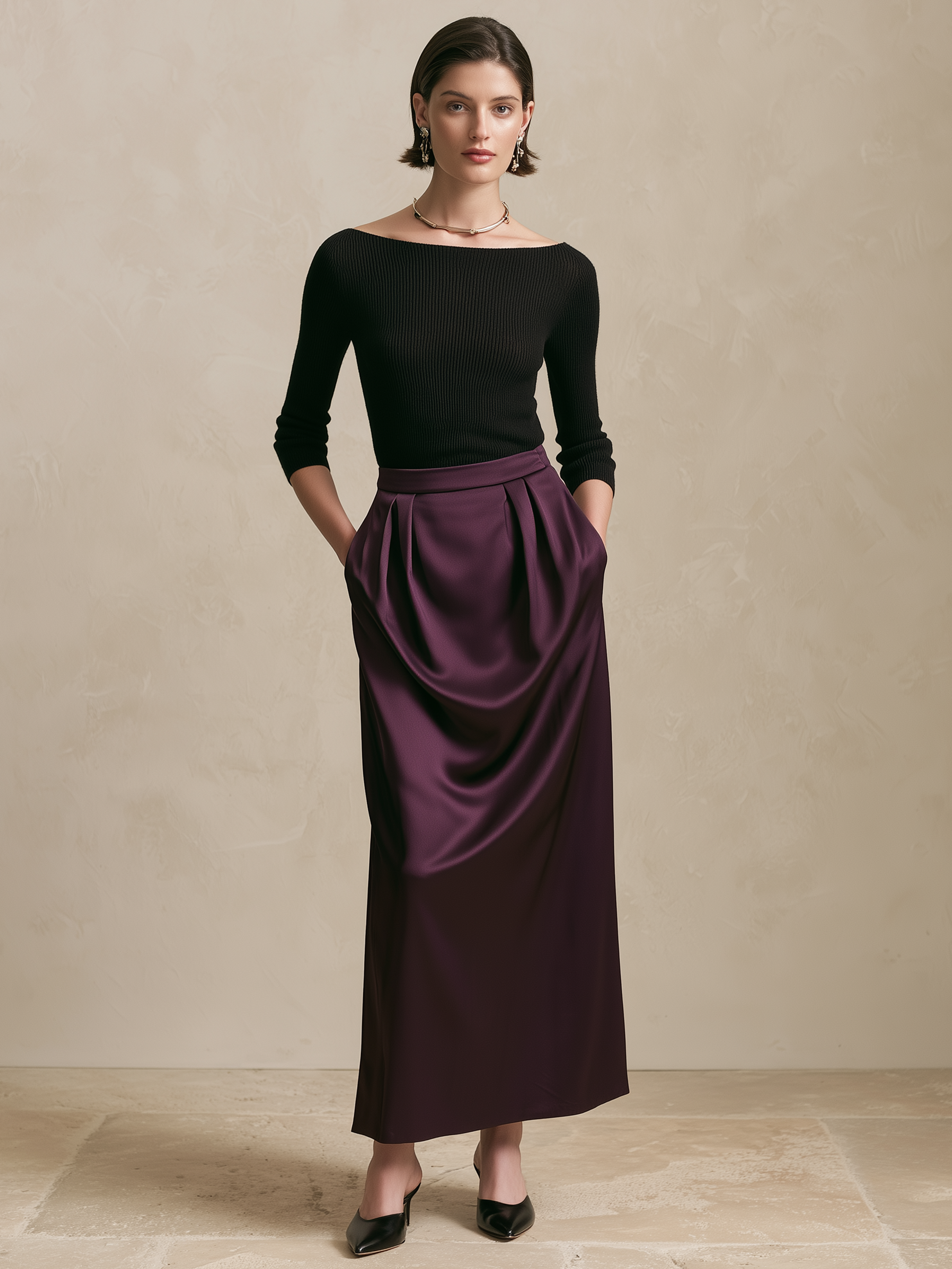 Elegant Black Boat Neck Knit Top & Jewel Purple Satin Maxi Skirt Set
